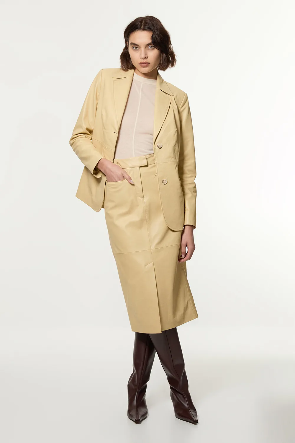 Leather Tailored Pencil Midi Skirt BKK23913