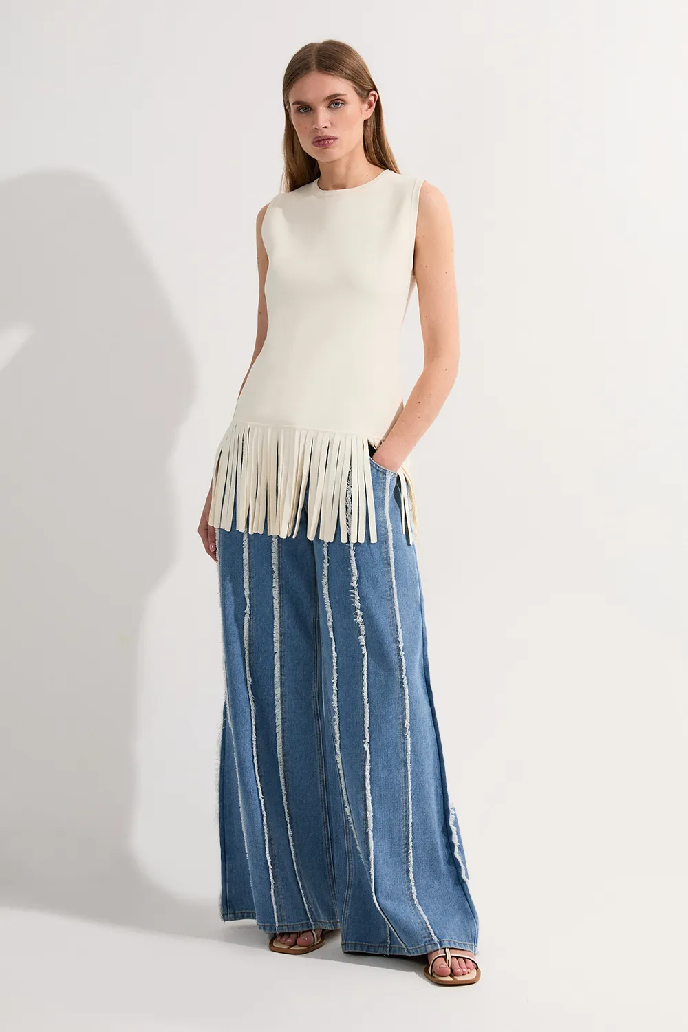 Denim Tassel Detail Wide Leg Jeans BKK23921