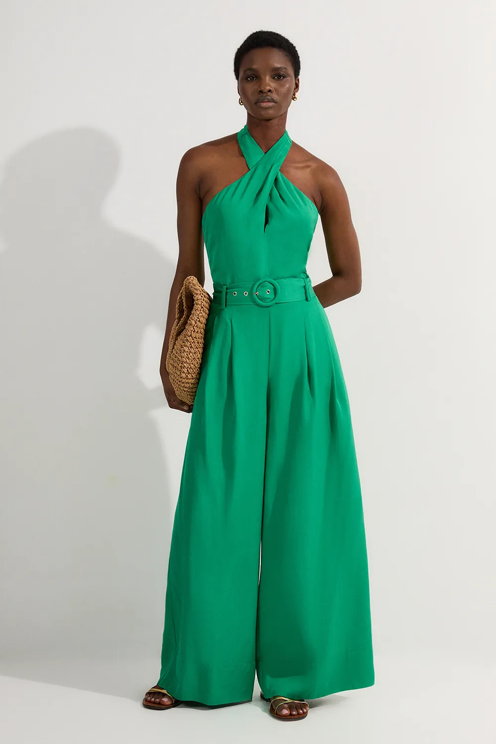 Premium Viscose Linen Cross Front Halter Belted Woven Wide Leg Jumpsuit BKK23935