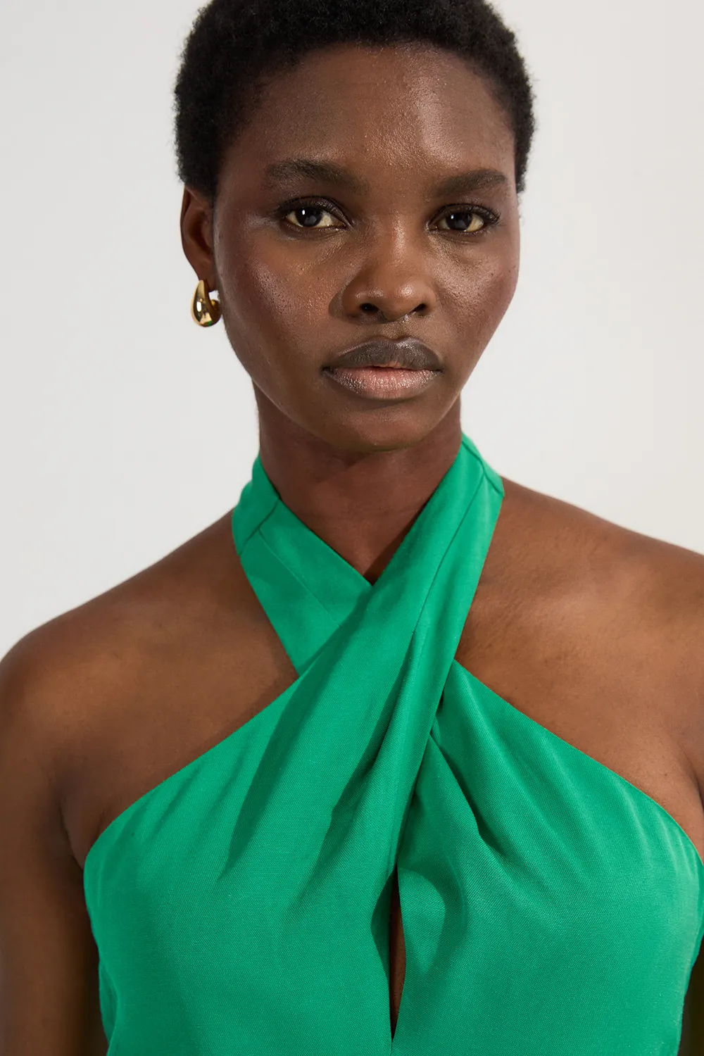 Premium Viscose Linen Cross Front Halter Belted Woven Wide Leg Jumpsuit BKK23935