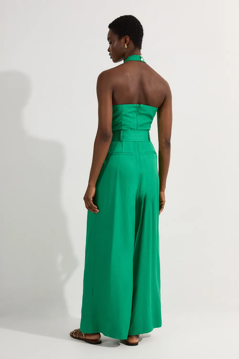 Premium Viscose Linen Cross Front Halter Belted Woven Wide Leg Jumpsuit BKK23935