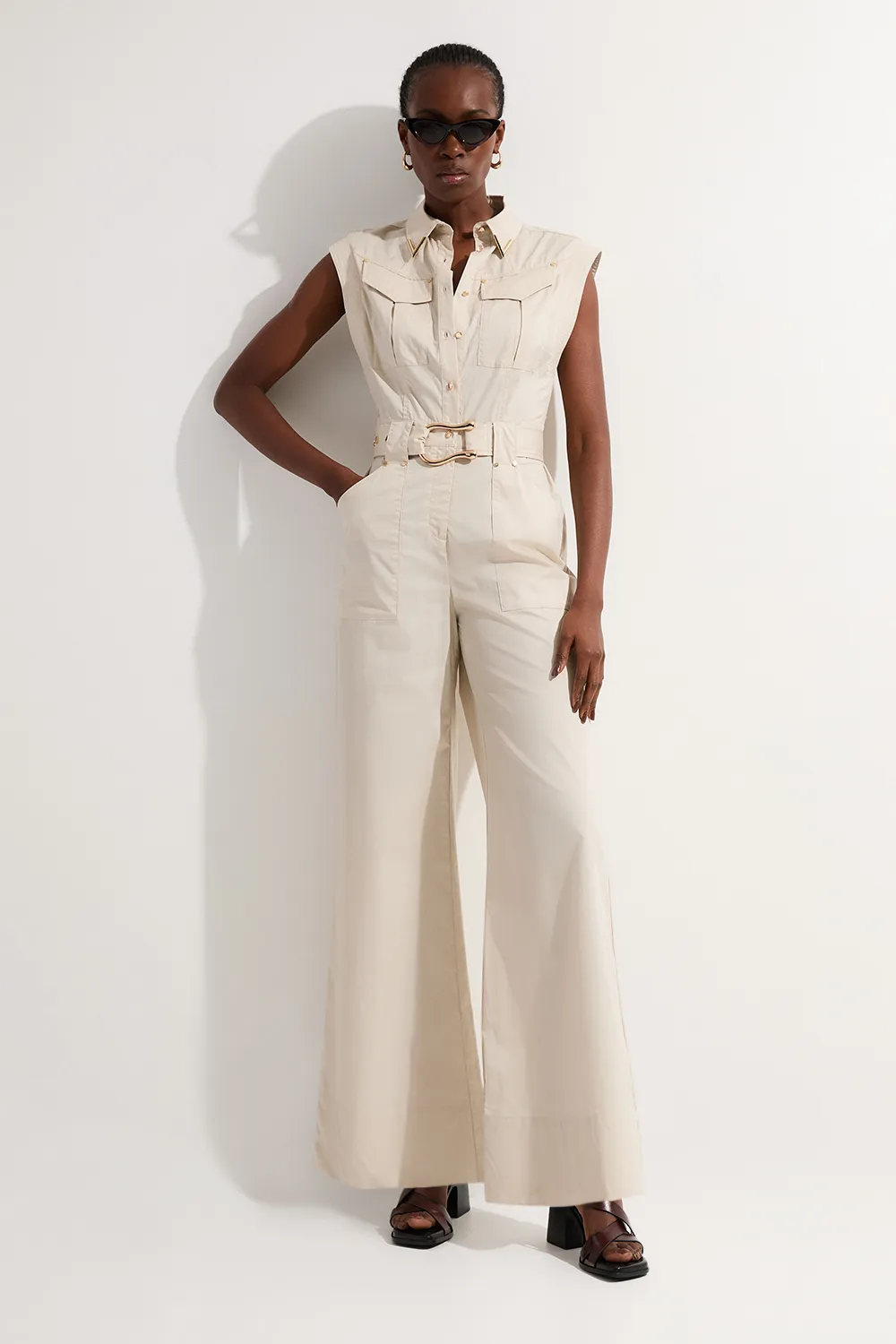 Cotton Sateen Utility Top Stitch Detail Woven Jumpsuit With Gold Hardware BKK23988