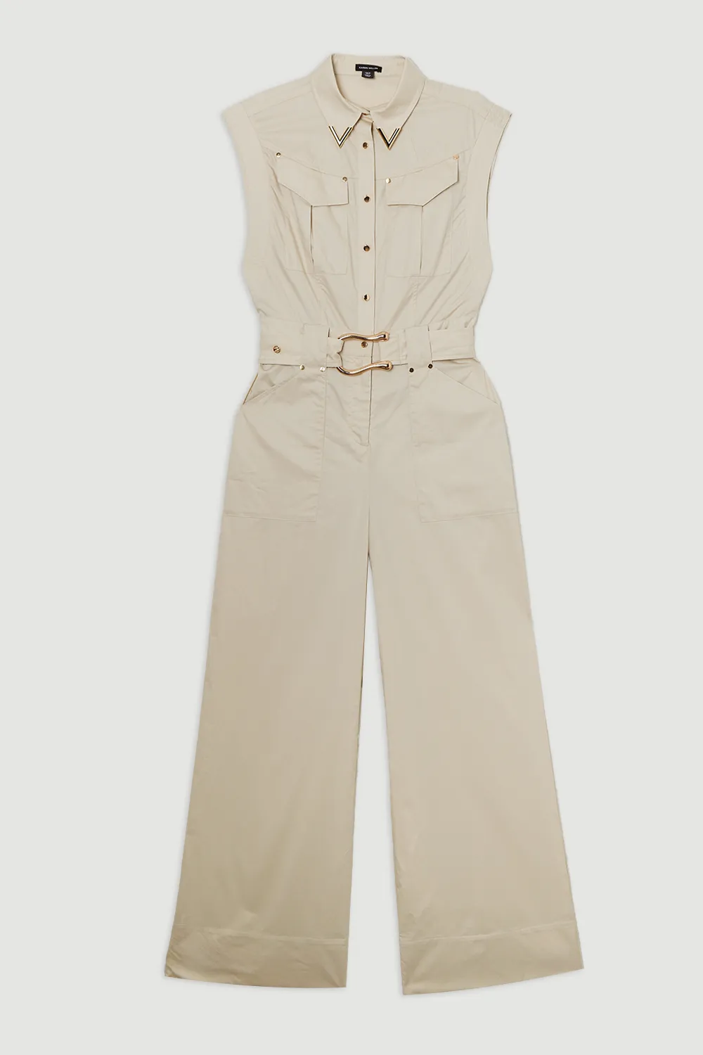 Cotton Sateen Utility Top Stitch Detail Woven Jumpsuit With Gold Hardware BKK23988