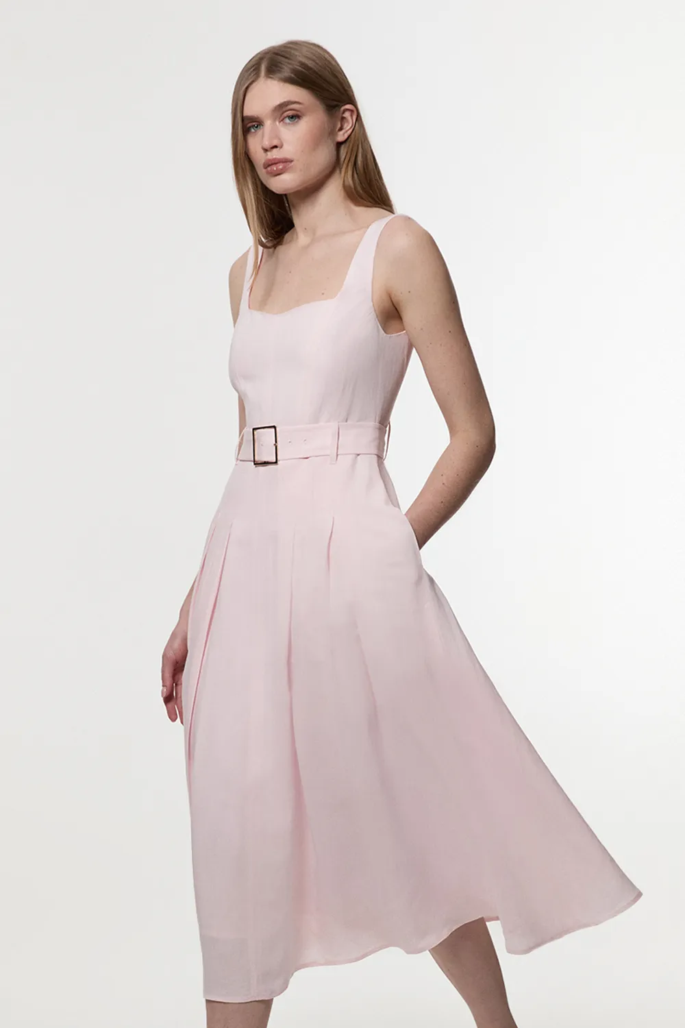 Premium Tailored Linen Belted Strappy Full Midi Dress BKK24048
