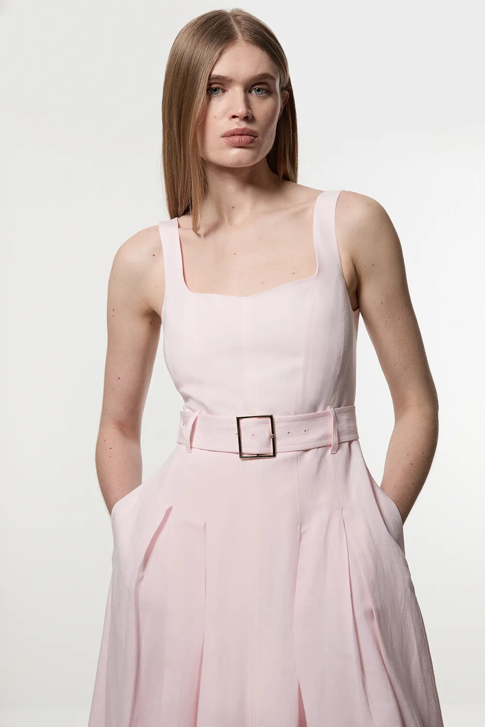 Premium Tailored Linen Belted Strappy Full Midi Dress BKK24048