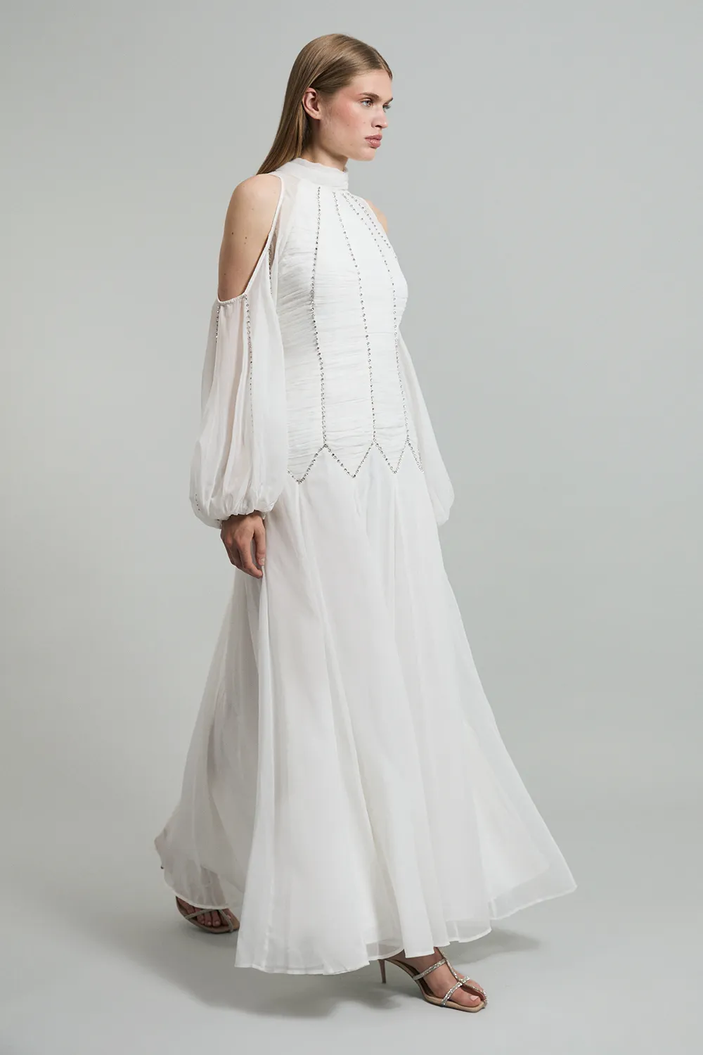 High Neck Embellished Ruched Georgette Woven Maxi Dress BKK24074