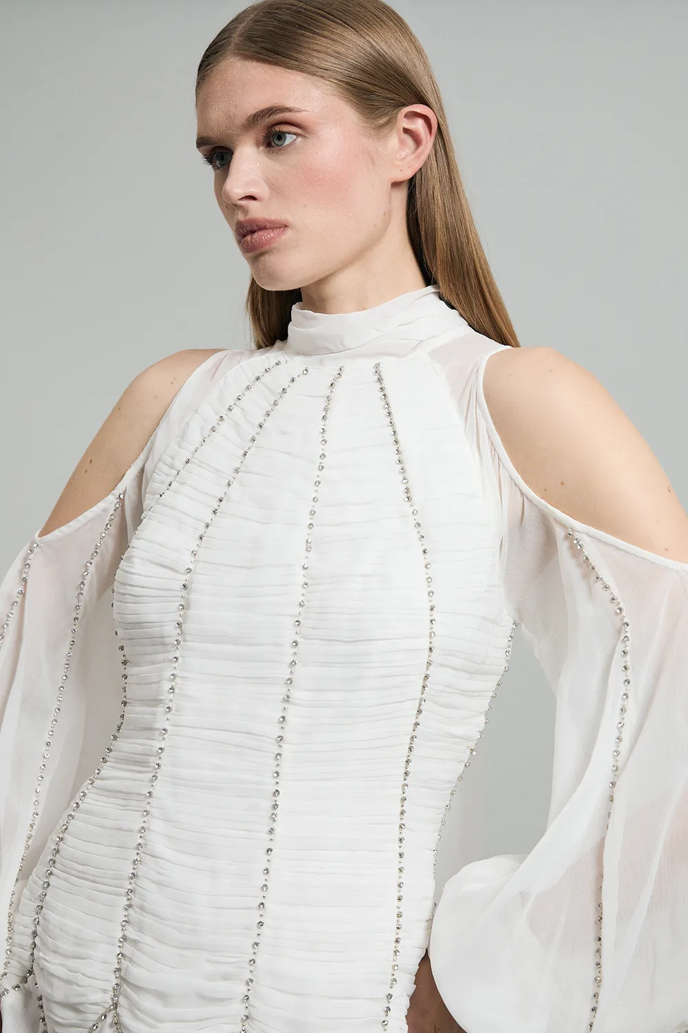 High Neck Embellished Ruched Georgette Woven Maxi Dress BKK24074