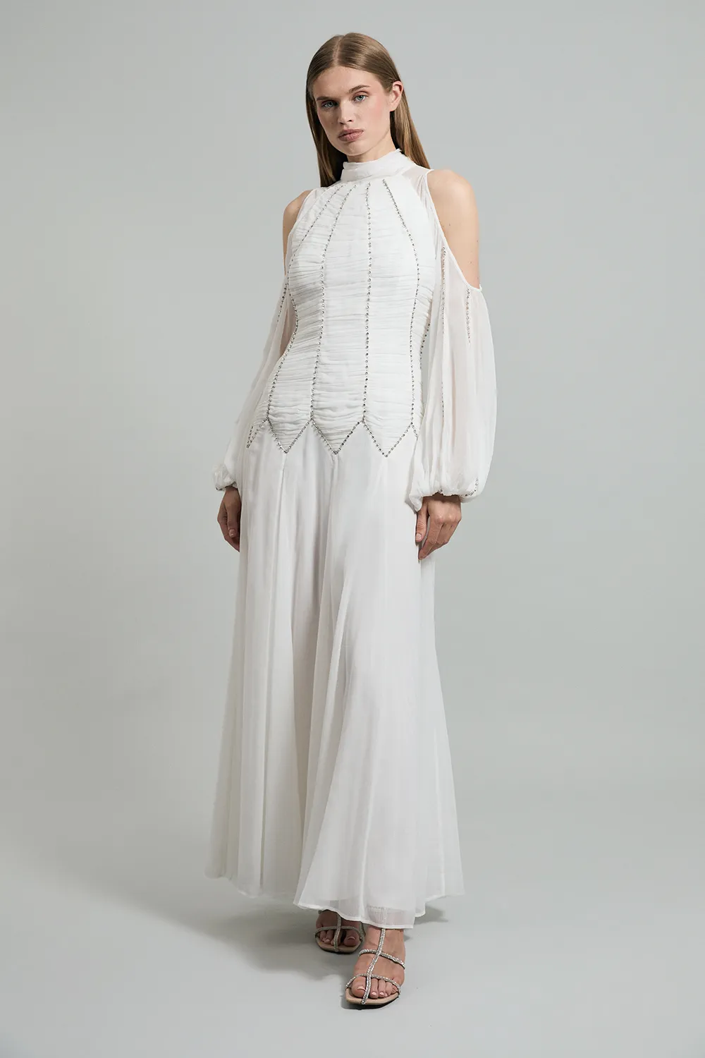 High Neck Embellished Ruched Georgette Woven Maxi Dress BKK24074