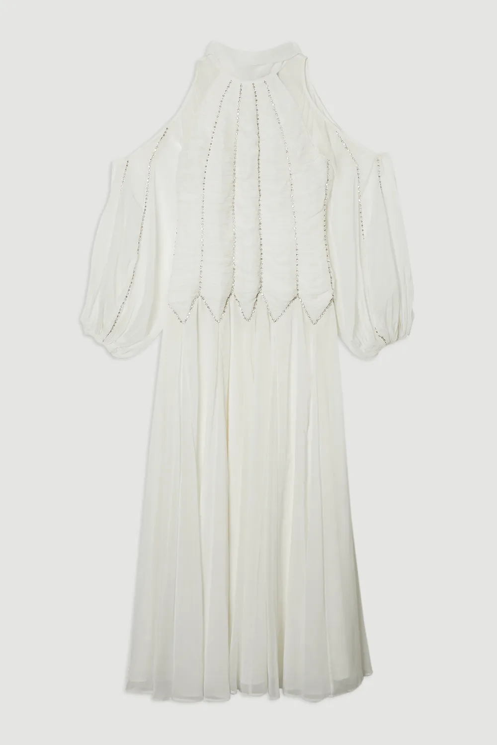 High Neck Embellished Ruched Georgette Woven Maxi Dress BKK24074