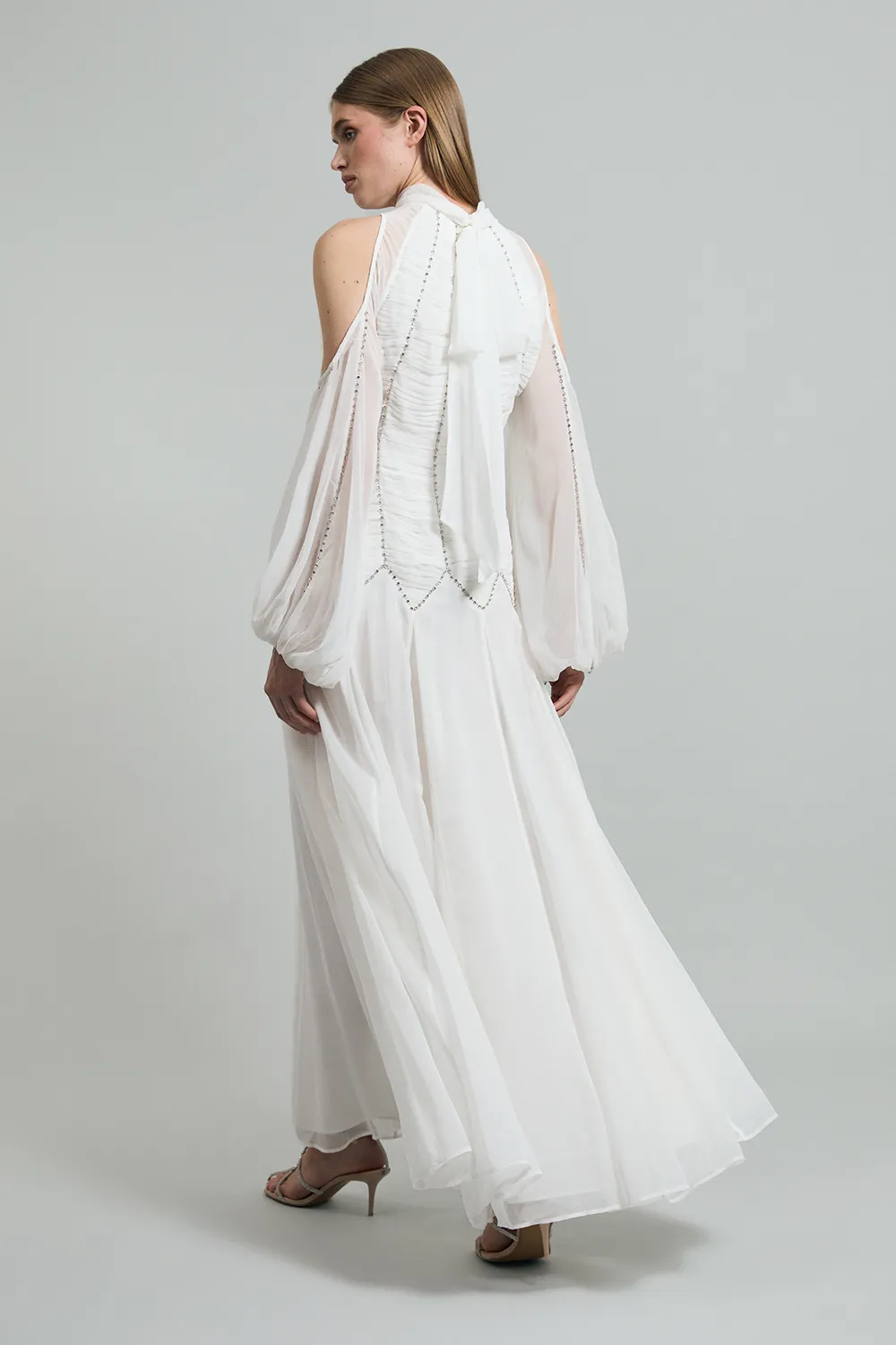 High Neck Embellished Ruched Georgette Woven Maxi Dress BKK24074