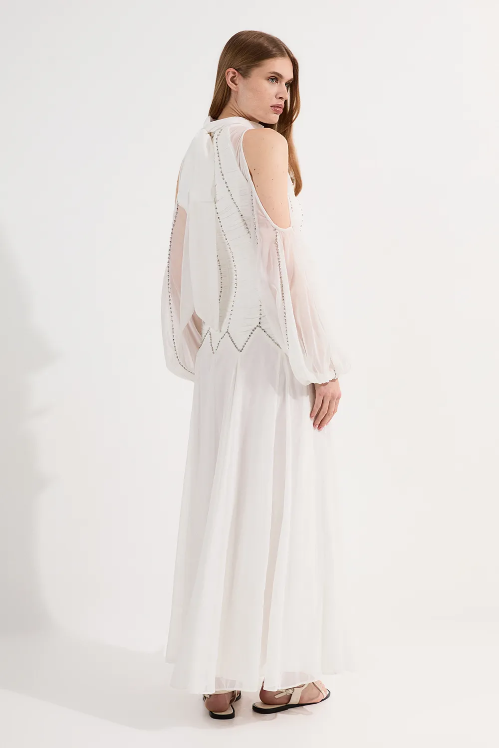 High Neck Embellished Ruched Georgette Woven Maxi Dress BKK24074