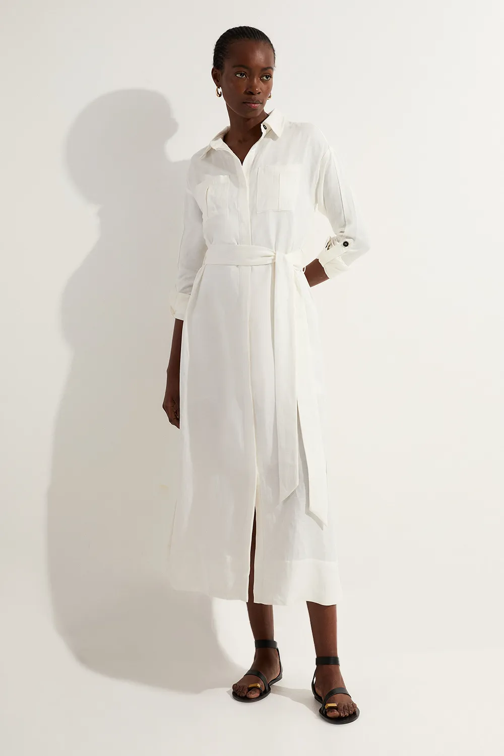 Viscose Linen Woven Belted Shirt Midi Dress BKK24084