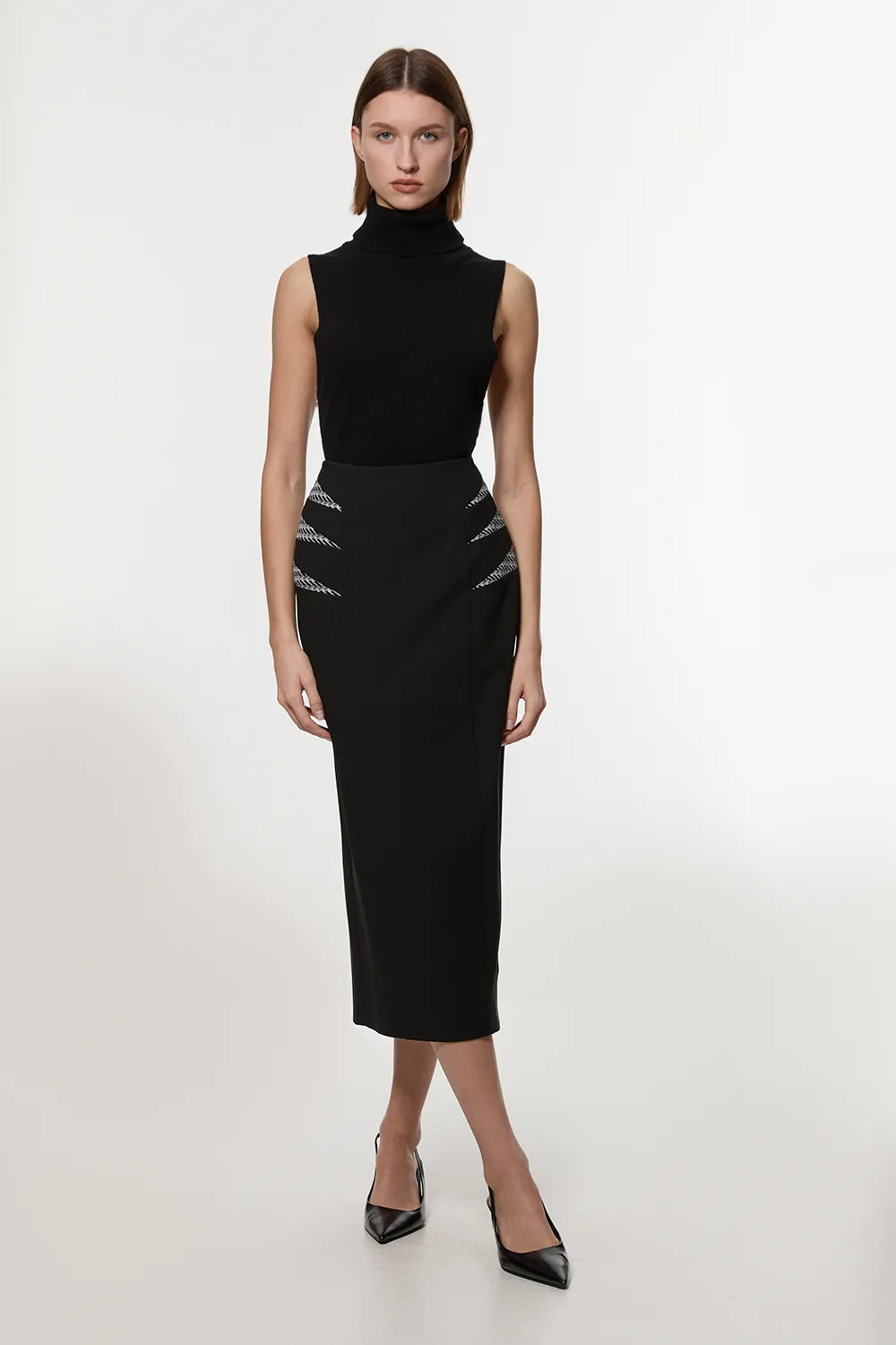 Compact Stretch Jacquard Insert Midi Pencil Skirt BKK24085