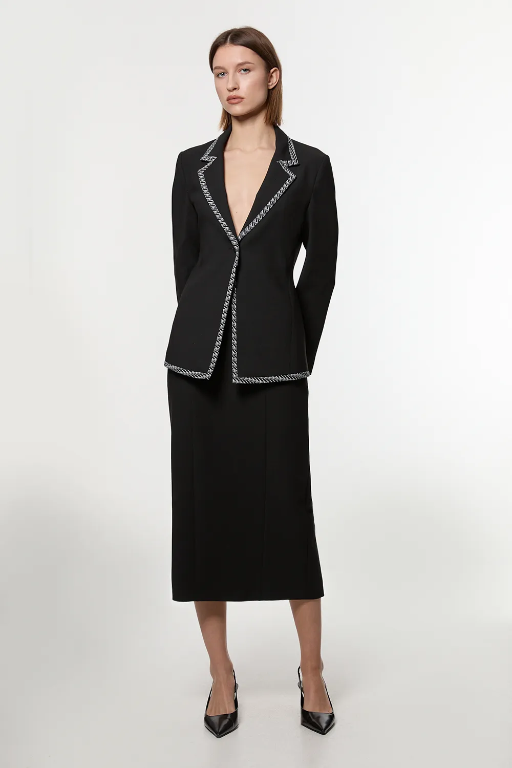 Compact Stretch Jacquard Insert Midi Pencil Skirt BKK24085 3 Compact Stretch Jacquard Insert Midi Pencil Skirt BKK24085