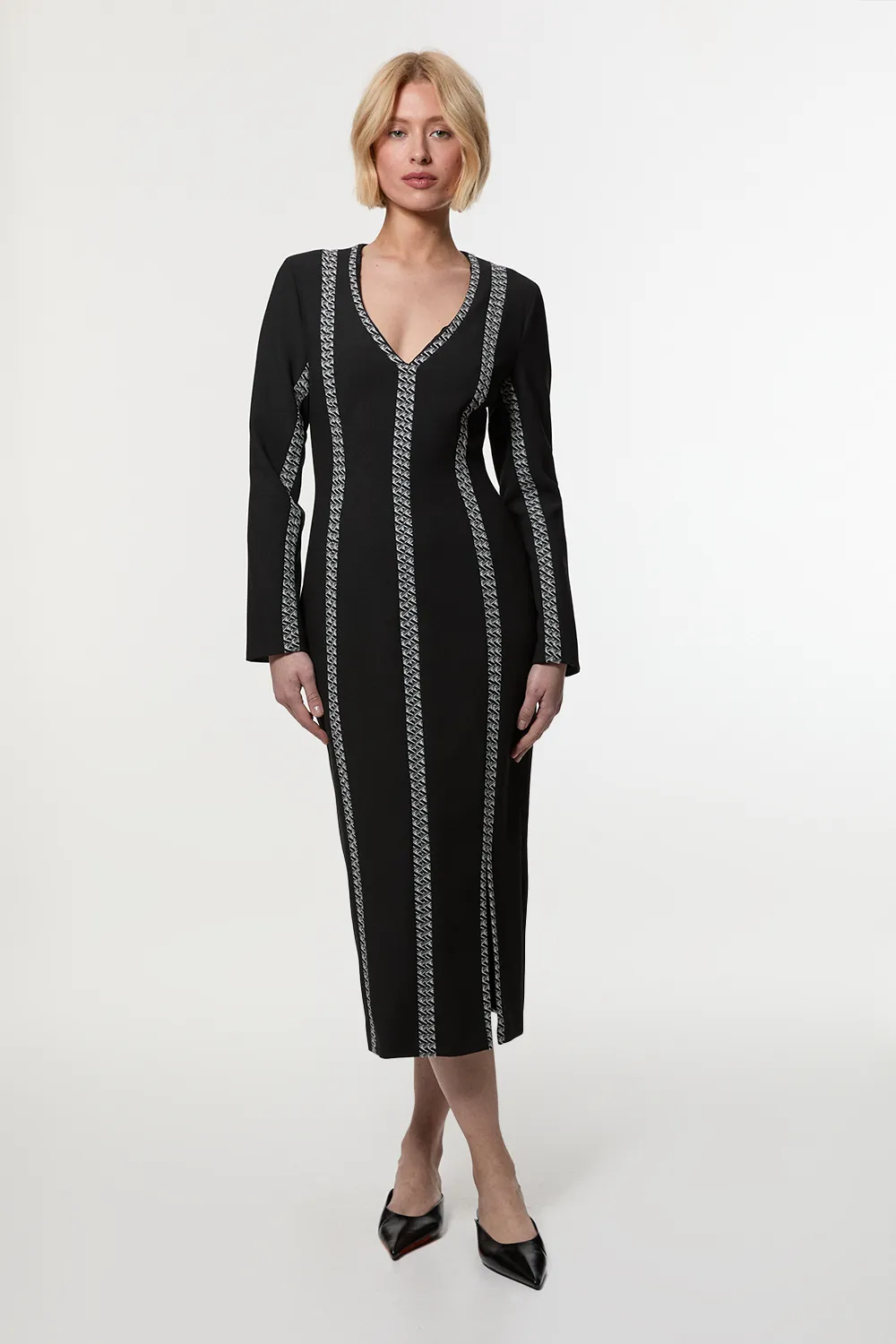 Compact Stretch Jacquard Insert Split Front Midaxi Dress BKK24087