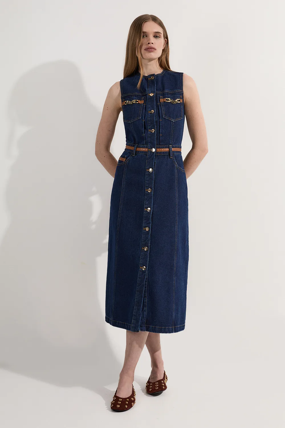 Denim & Faux Leather Tipping Sleeveless Midi Dress BKK24090