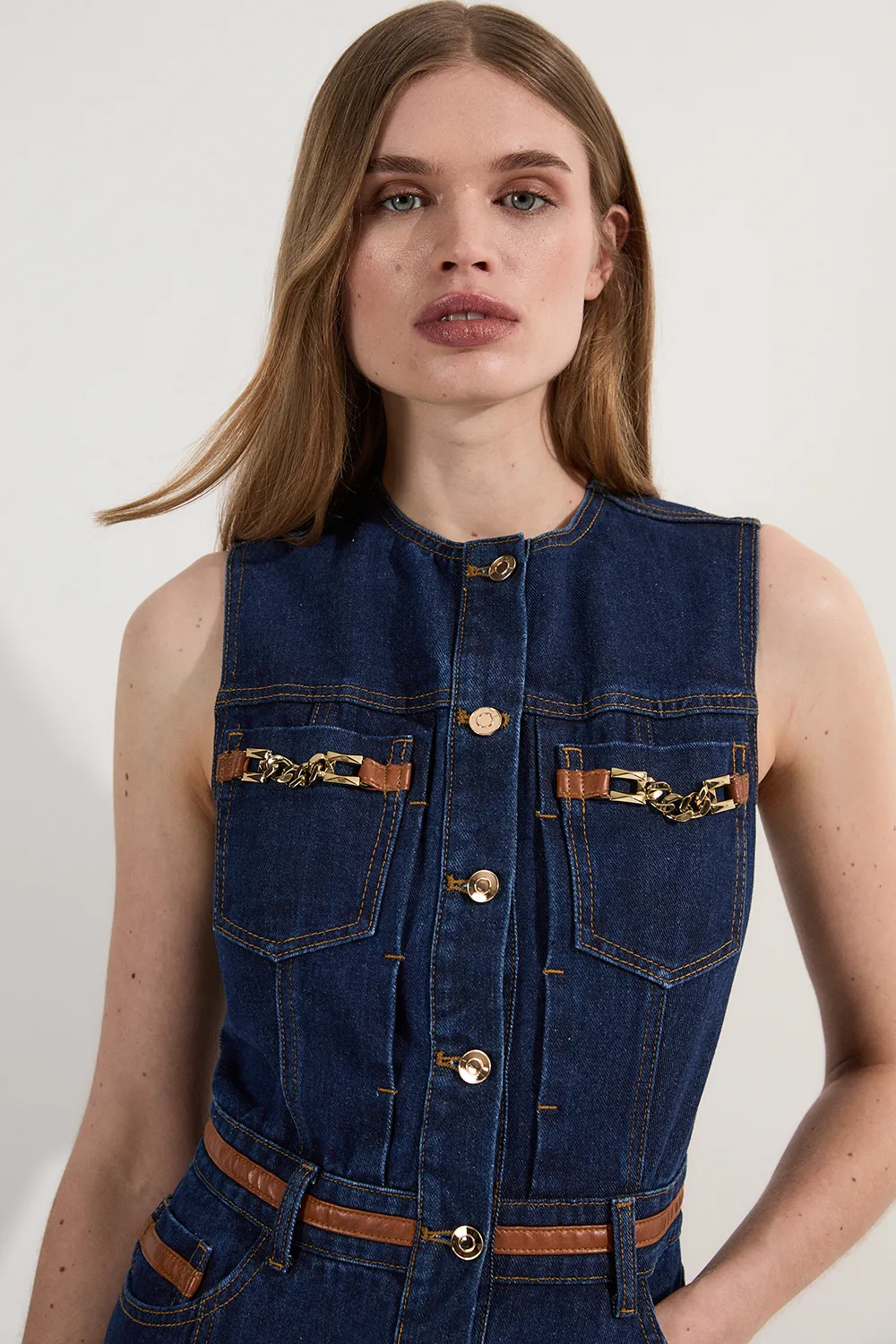 Denim & Faux Leather Tipping Sleeveless Midi Dress BKK24090