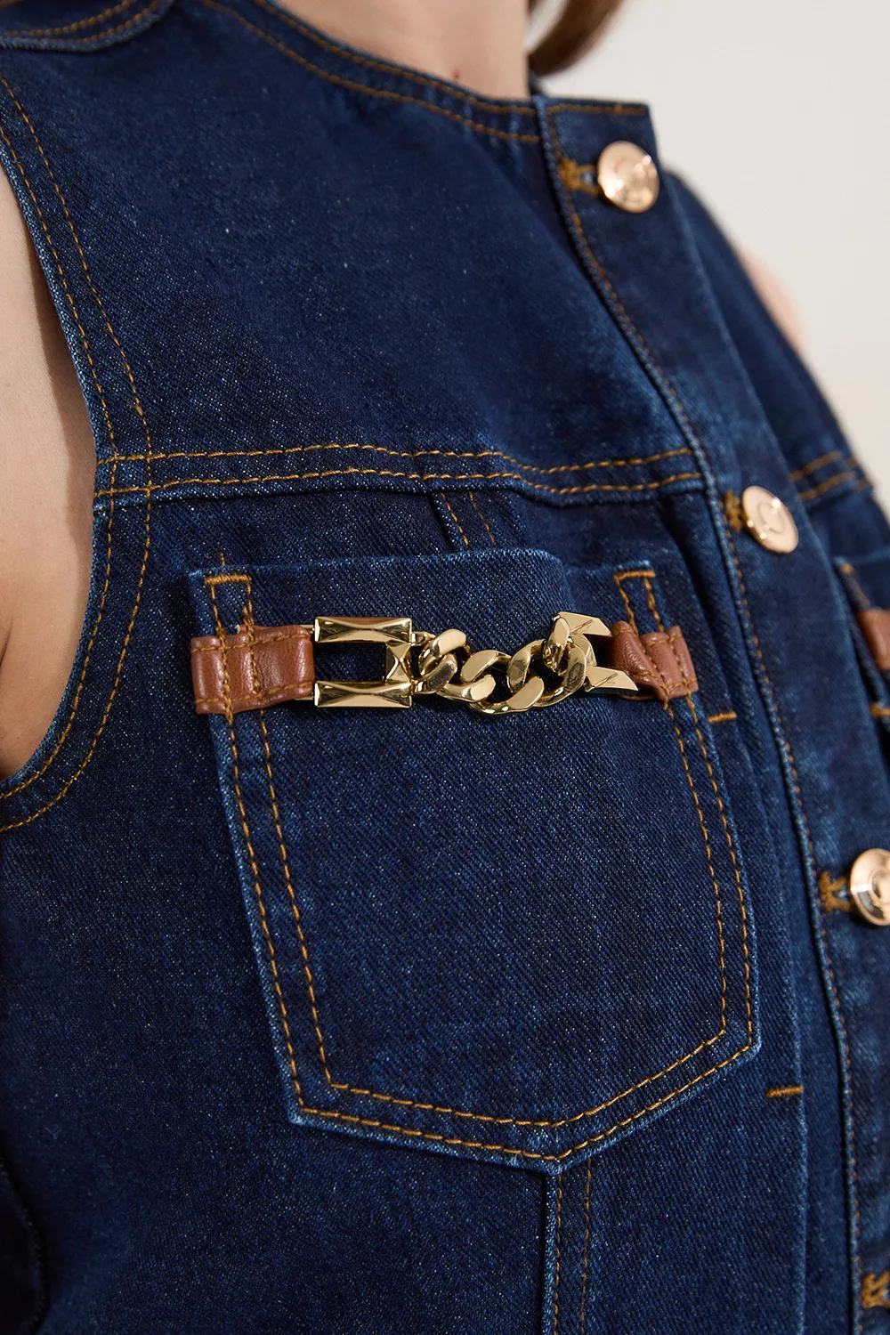 Denim & Faux Leather Tipping Sleeveless Midi Dress BKK24090