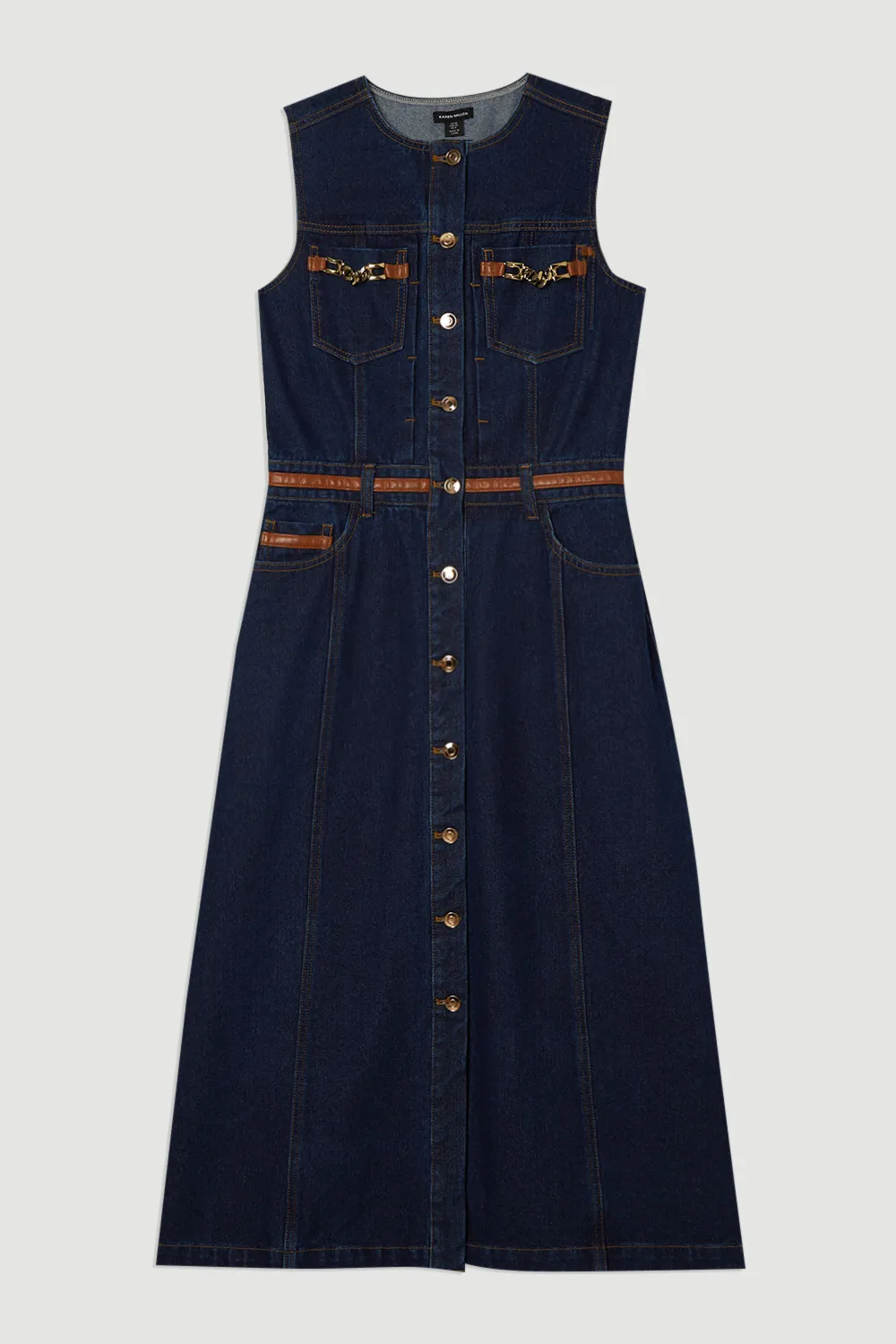Denim & Faux Leather Tipping Sleeveless Midi Dress BKK24090