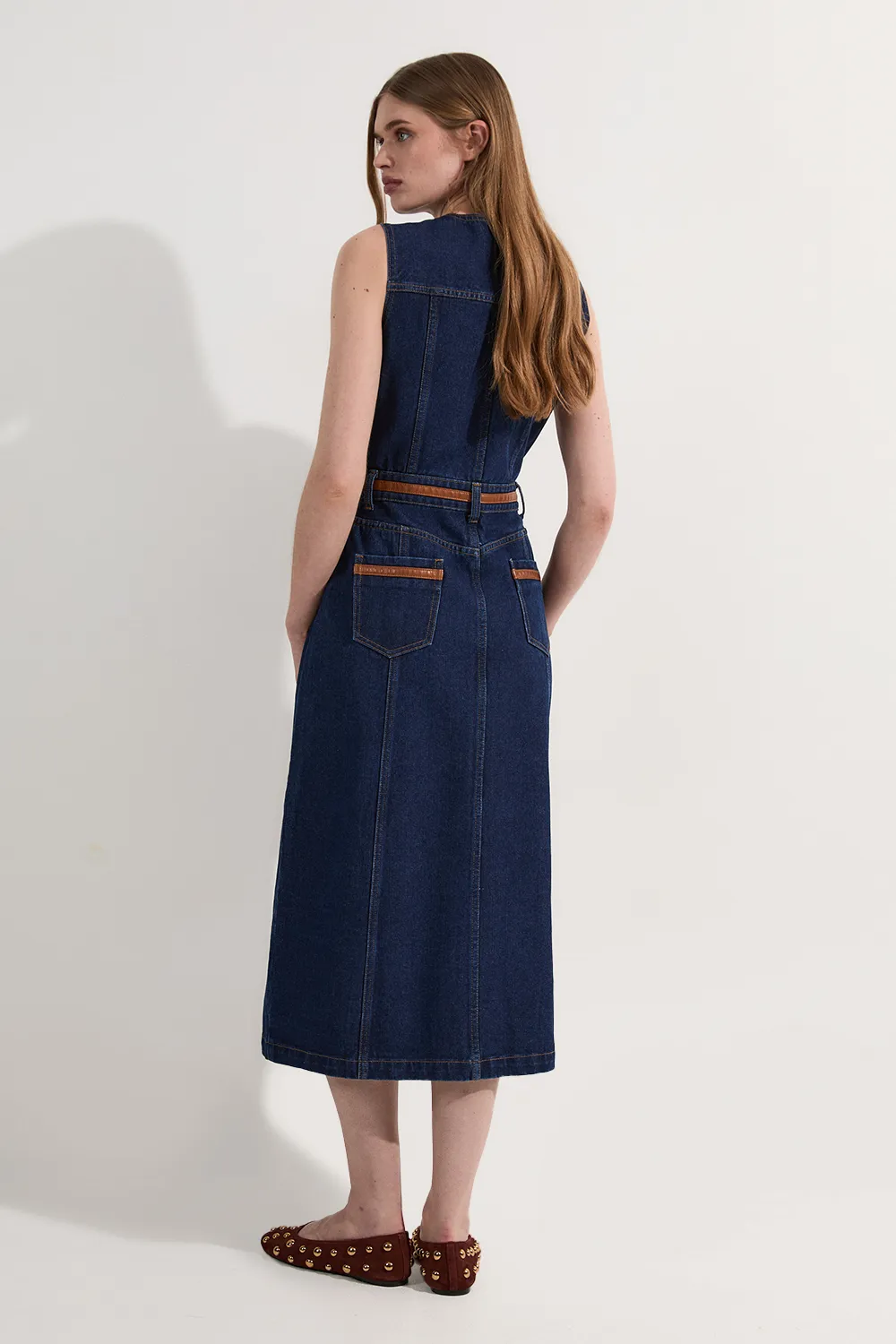 Denim & Faux Leather Tipping Sleeveless Midi Dress BKK24090