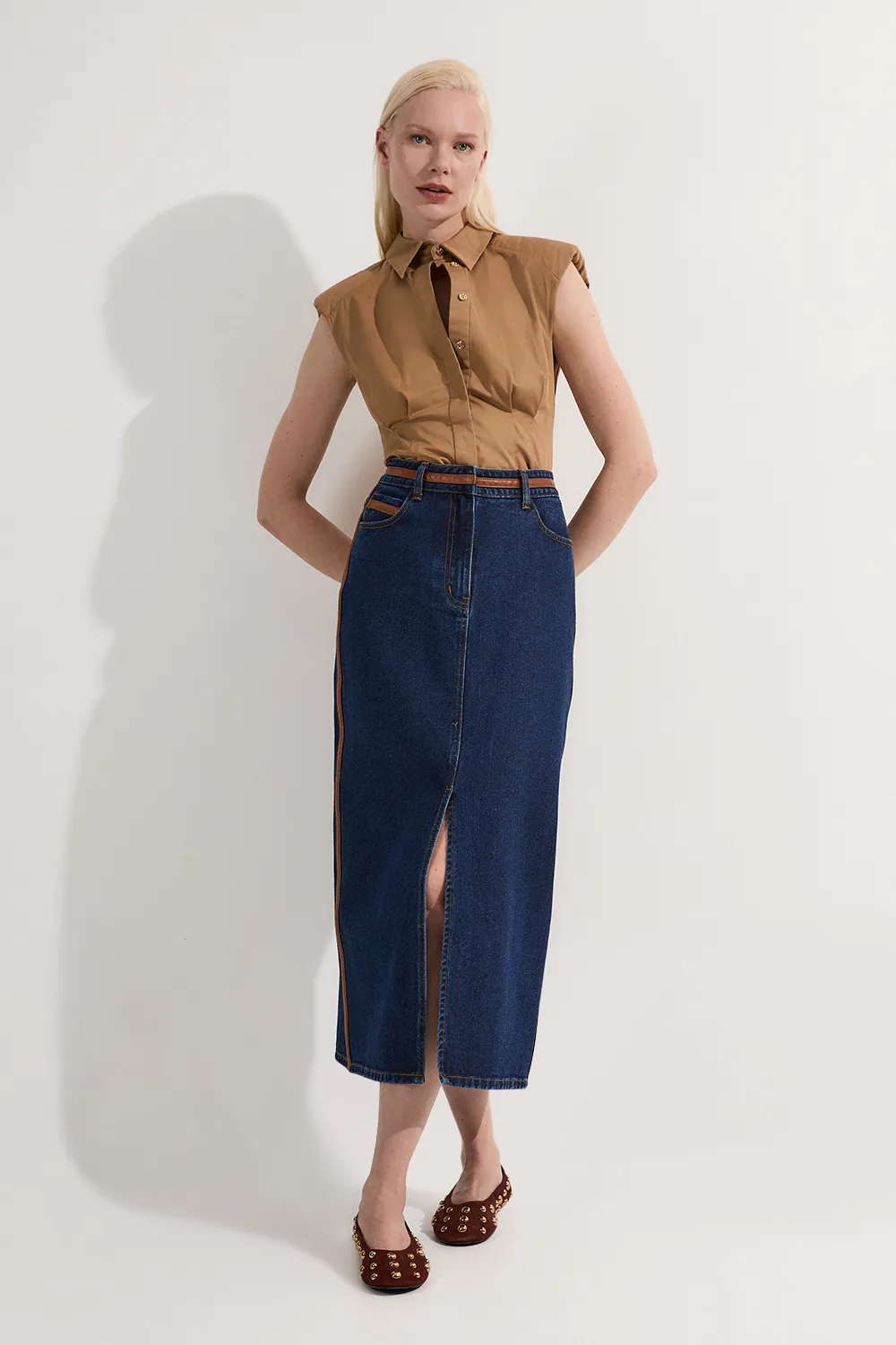 Denim & Faux Leather Tipped Side Pencil Midi Skirt BKK24092