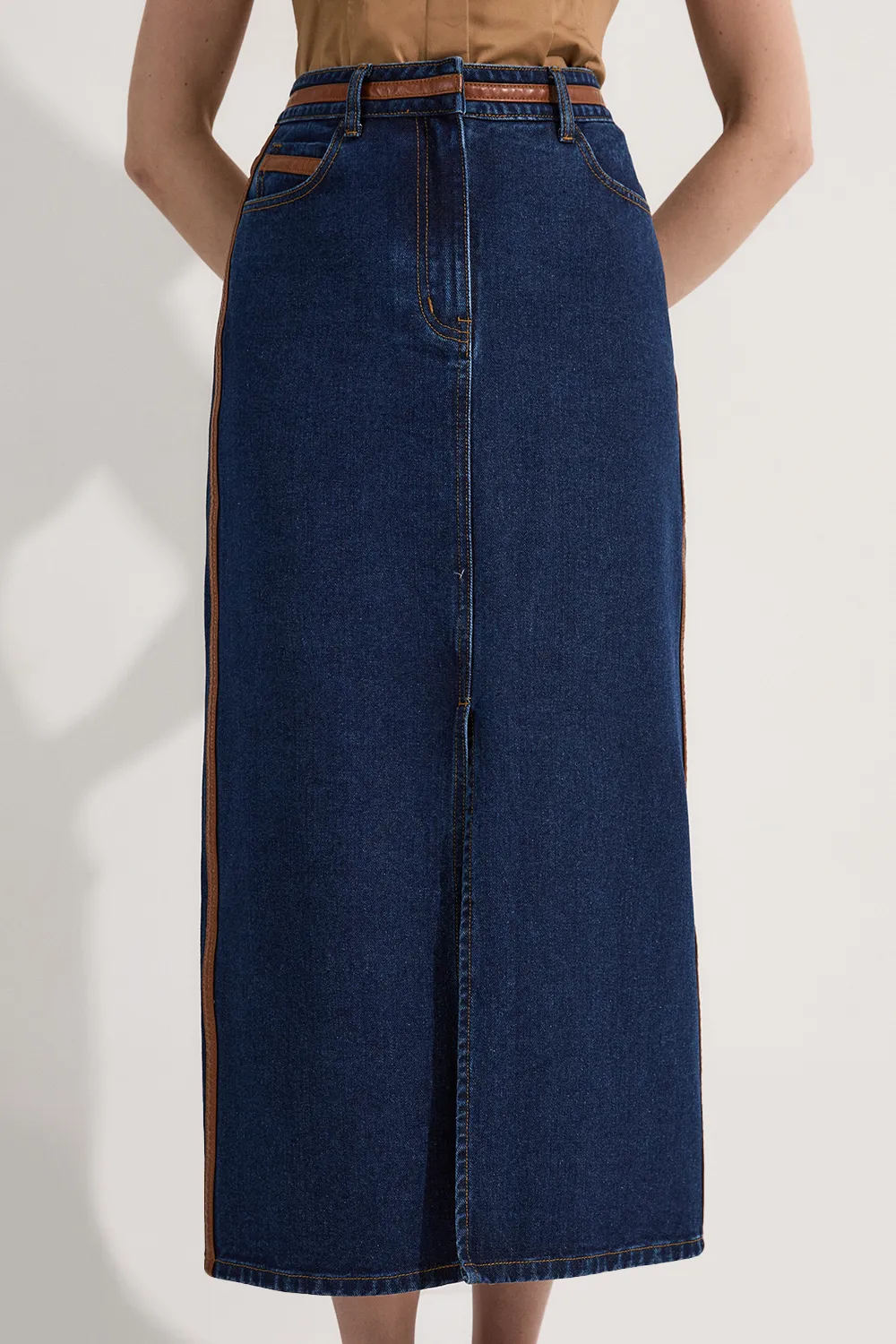 Denim & Faux Leather Tipped Side Pencil Midi Skirt BKK24092