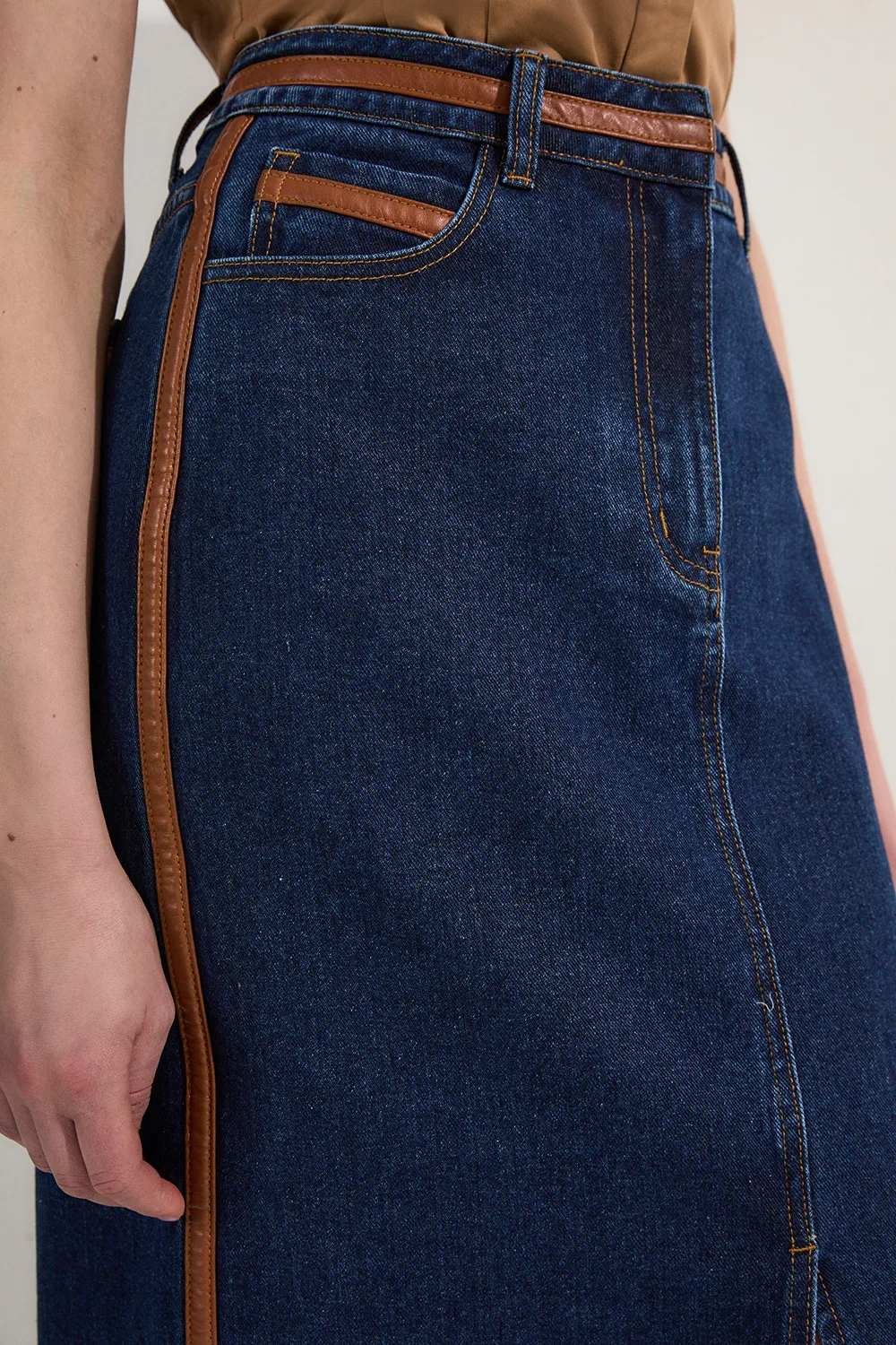 Denim & Faux Leather Tipped Side Pencil Midi Skirt BKK24092