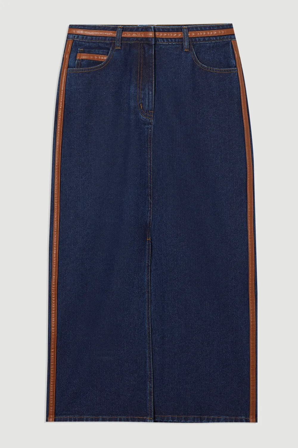 Denim & Faux Leather Tipped Side Pencil Midi Skirt BKK24092