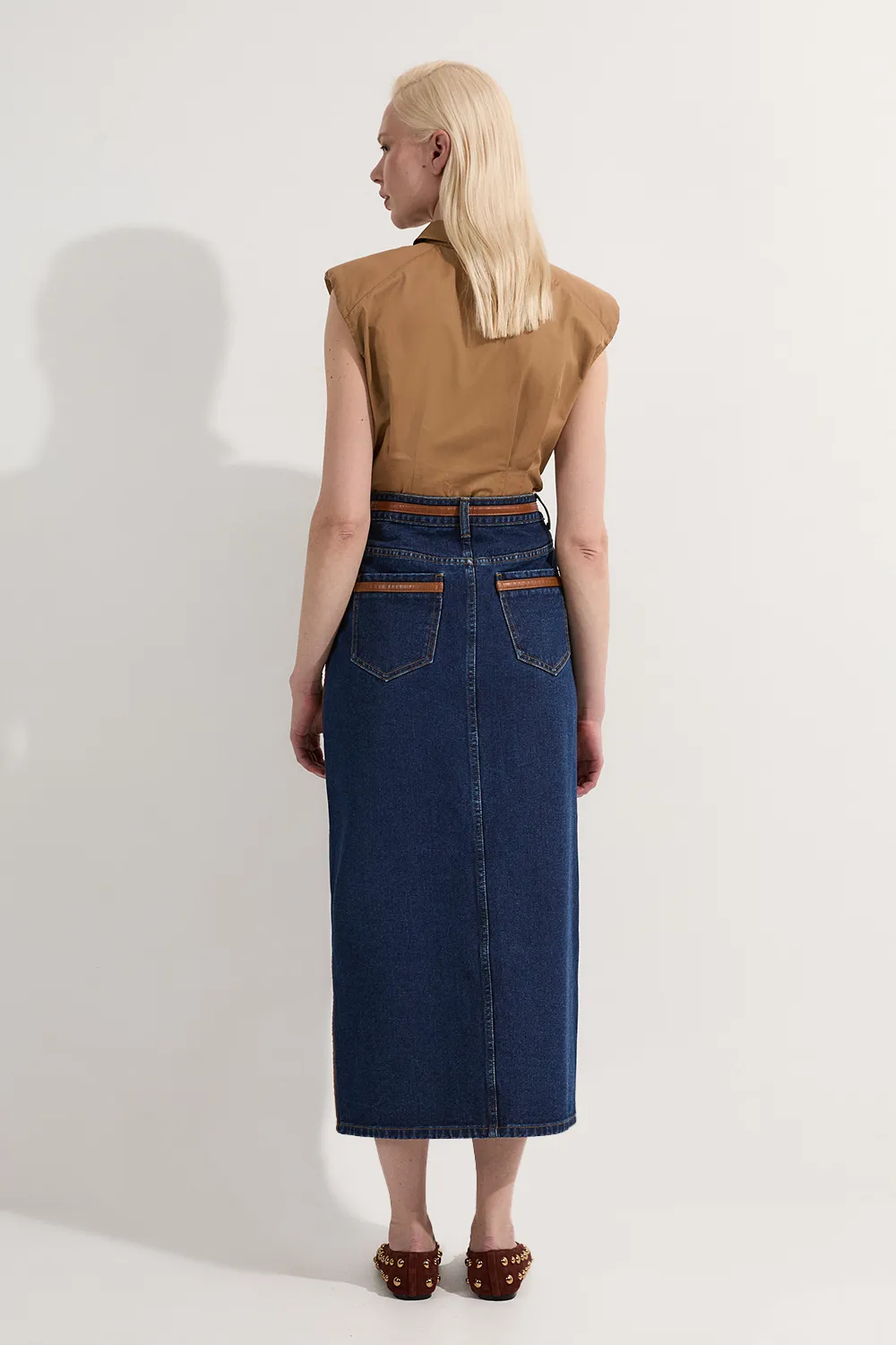 Denim & Faux Leather Tipped Side Pencil Midi Skirt BKK24092