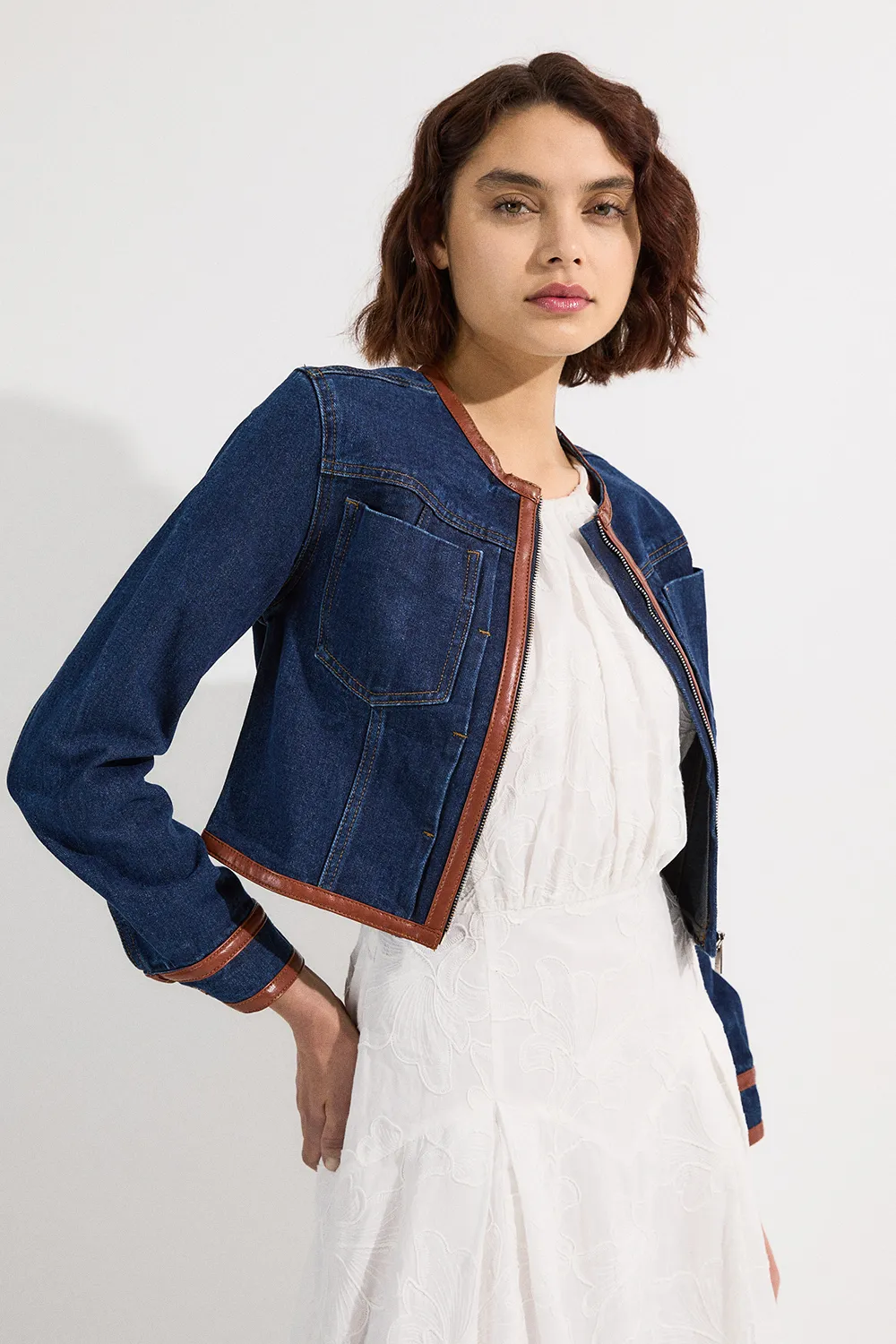 Denim & Faux Leather Tipping Collarless Tailored Jacket BKK24094