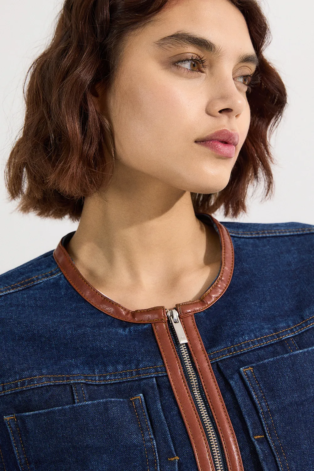 Denim & Faux Leather Tipping Collarless Tailored Jacket BKK24094