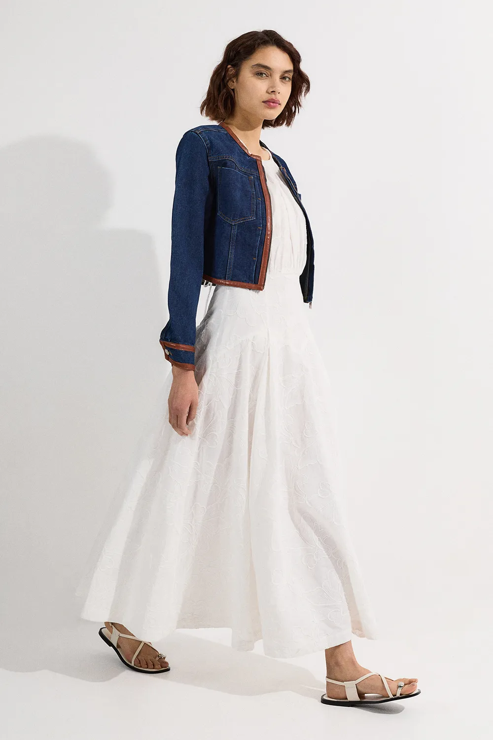 Denim & Faux Leather Tipping Collarless Tailored Jacket BKK24094 3 Denim & Faux Leather Tipping Collarless Tailored Jacket BKK24094