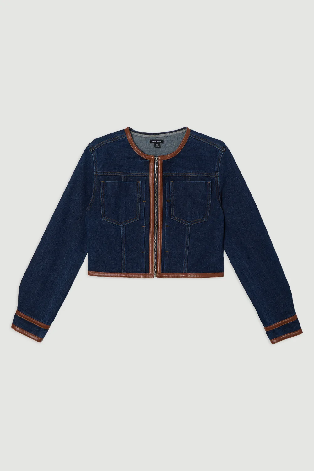 Denim & Faux Leather Tipping Collarless Tailored Jacket BKK24094 4 Denim & Faux Leather Tipping Collarless Tailored Jacket BKK24094