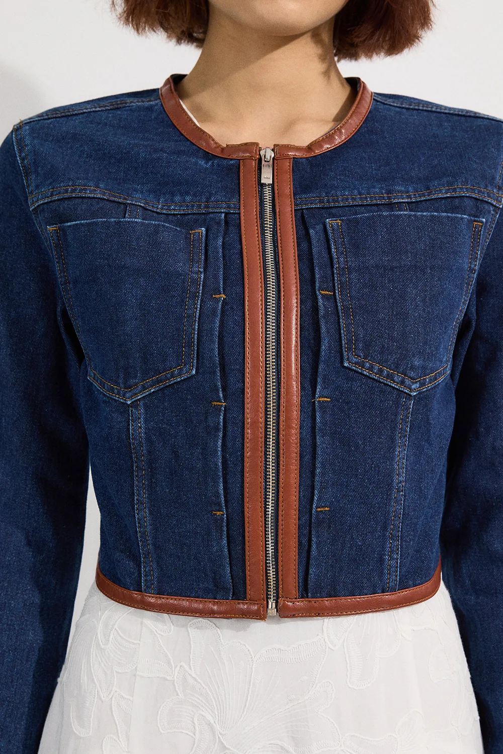 Denim & Faux Leather Tipping Collarless Tailored Jacket BKK24094 5 Denim & Faux Leather Tipping Collarless Tailored Jacket BKK24094