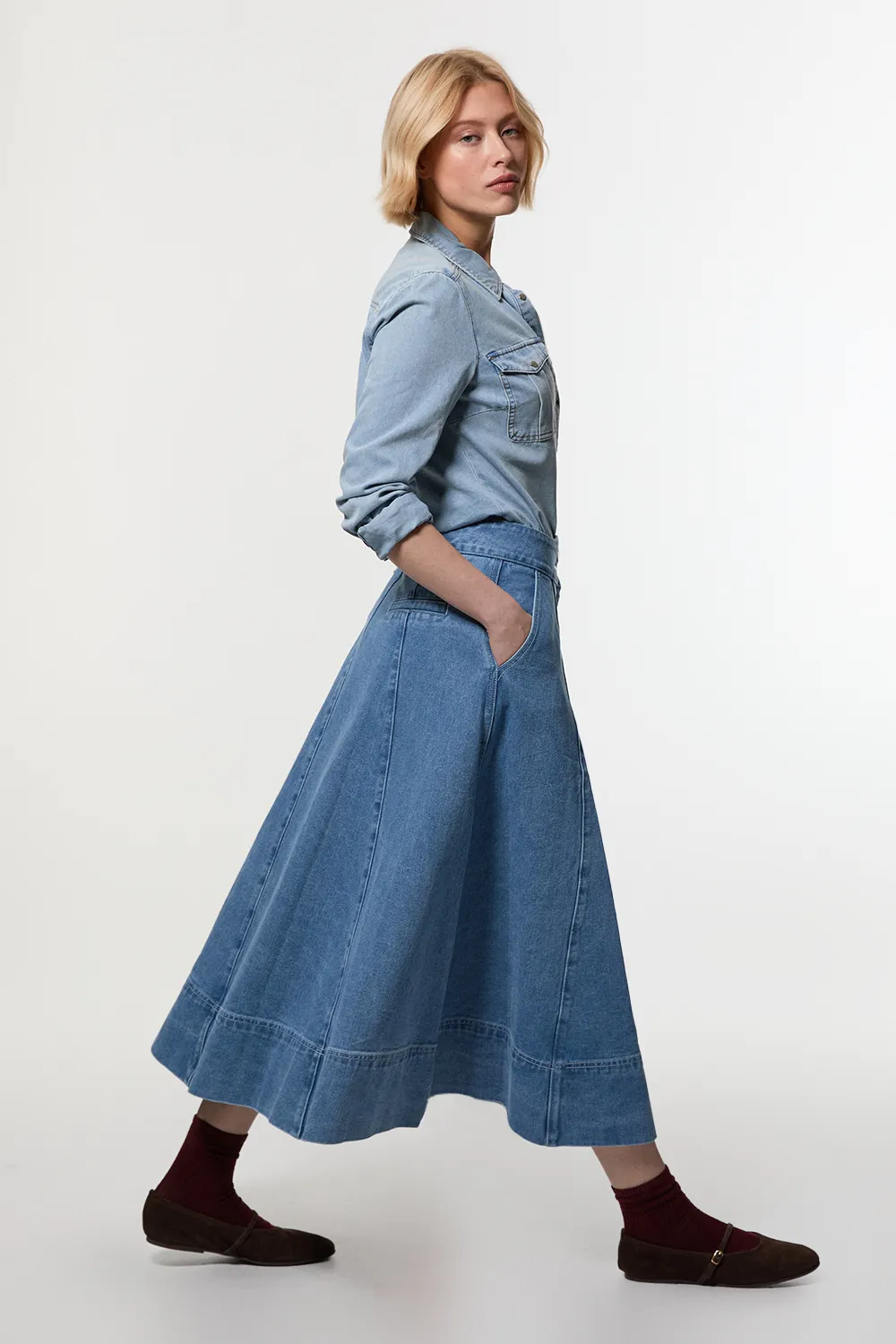 Denim High Waist Full Midi Skirt BKK24104
