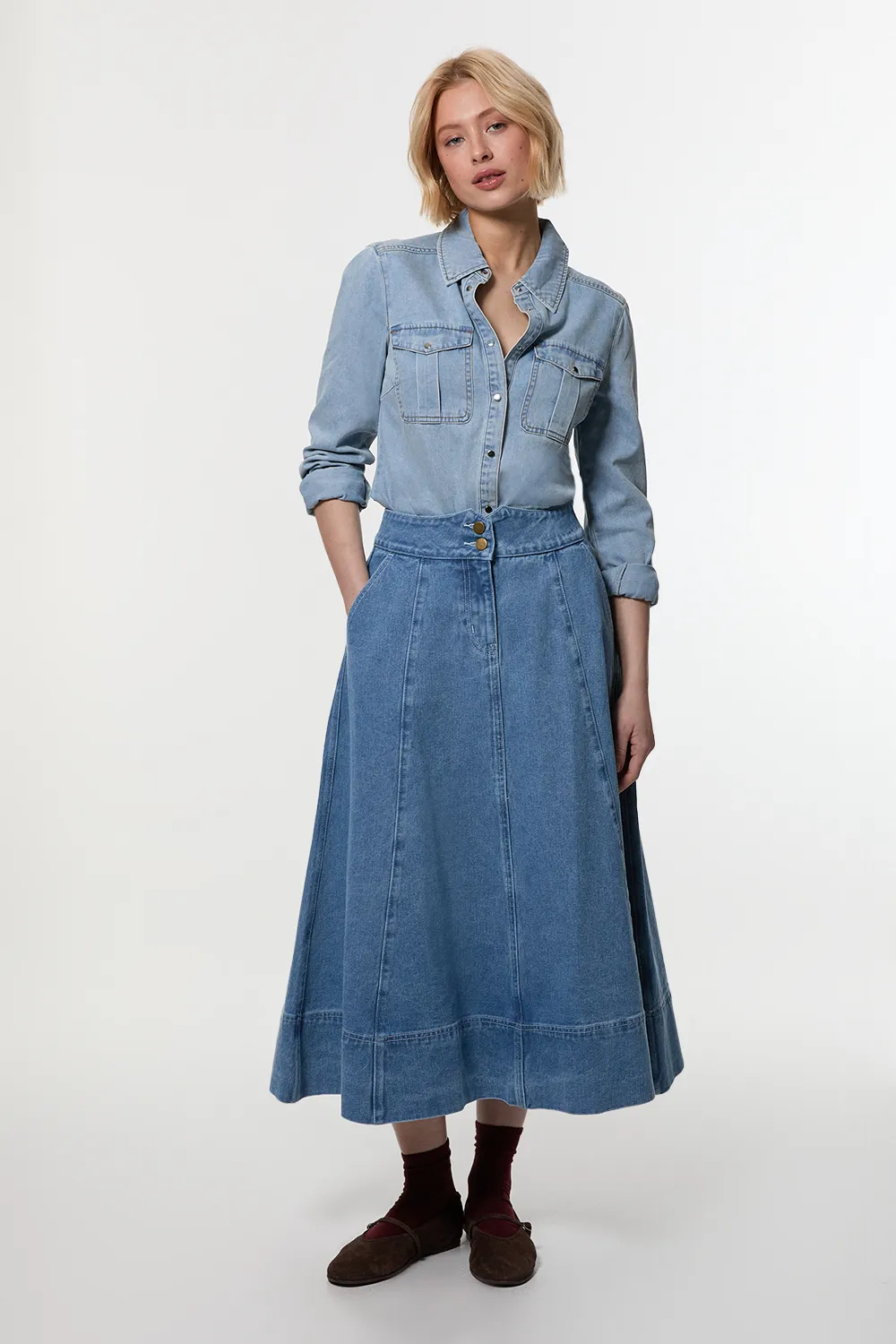 Denim High Waist Full Midi Skirt BKK24104