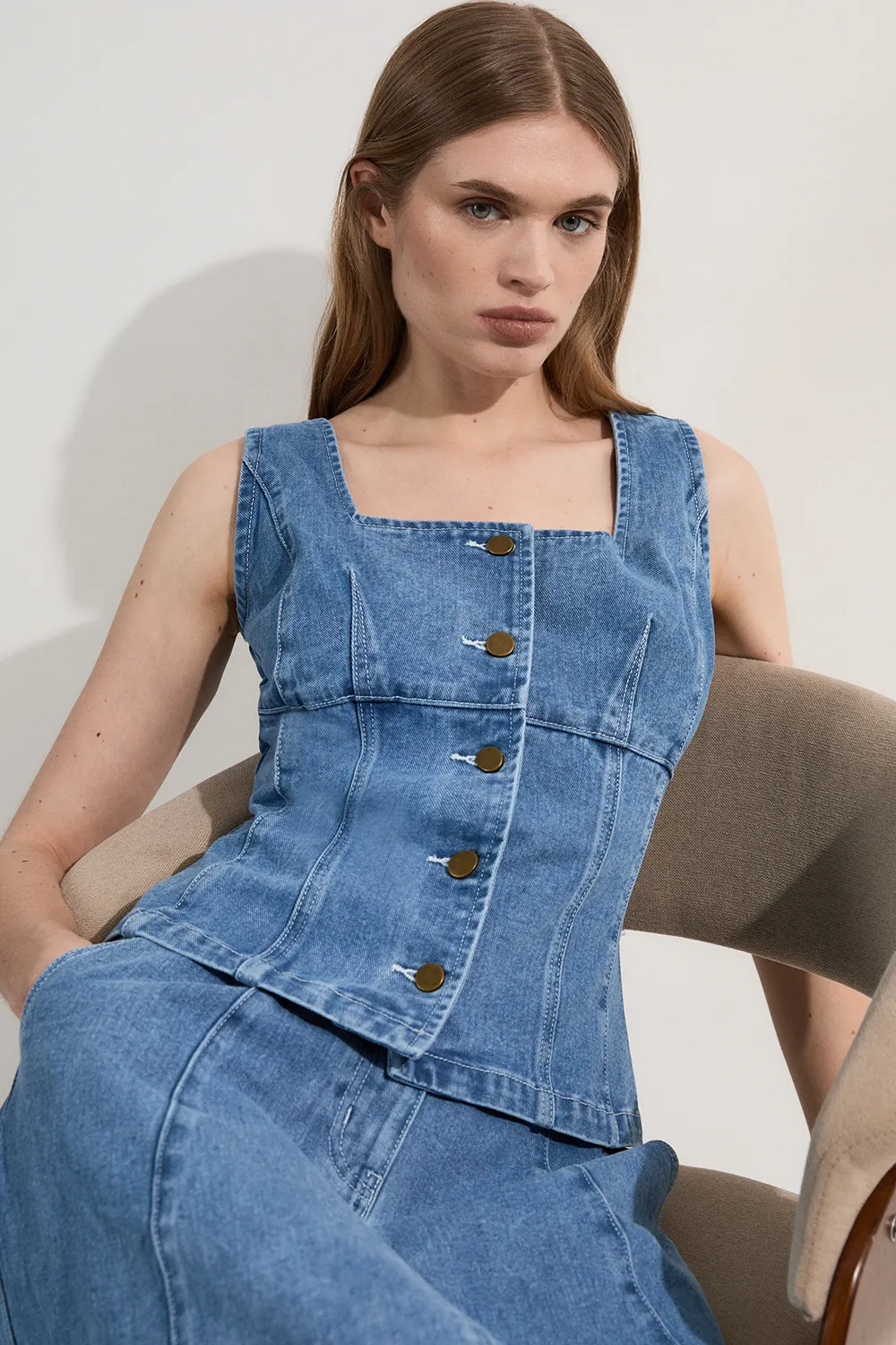 Denim Soft Wash Sleeveless Square Neck Top BKK24105