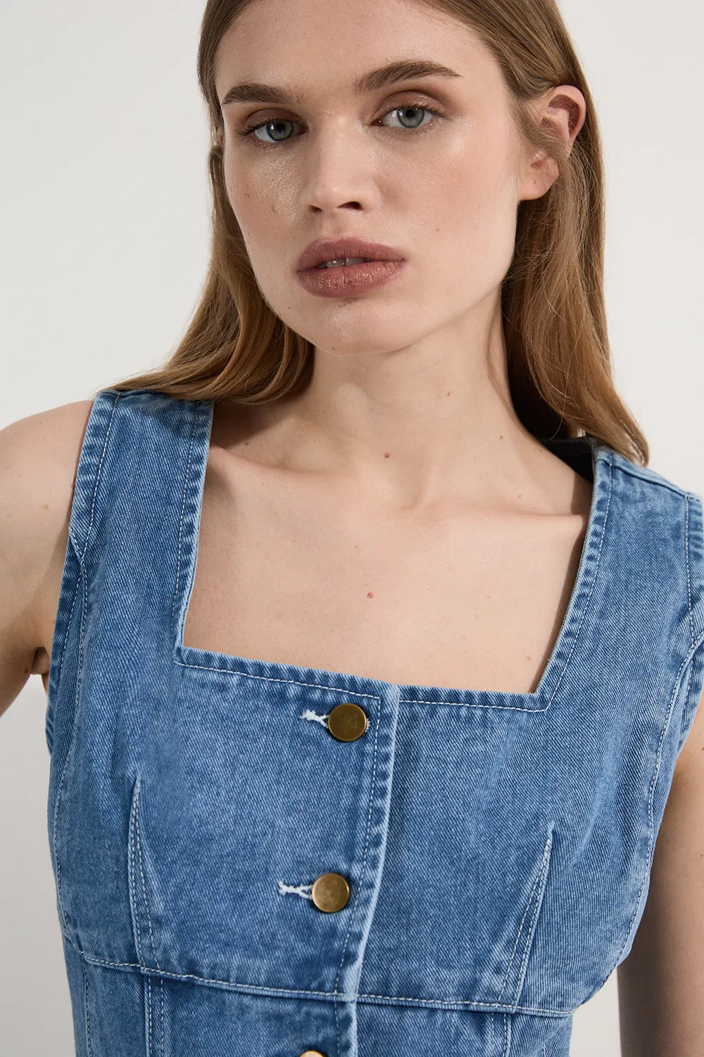 Denim Soft Wash Sleeveless Square Neck Top BKK24105