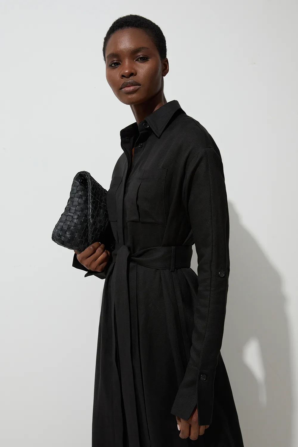 Viscose Linen Woven Belted Shirt Dress BKK24123