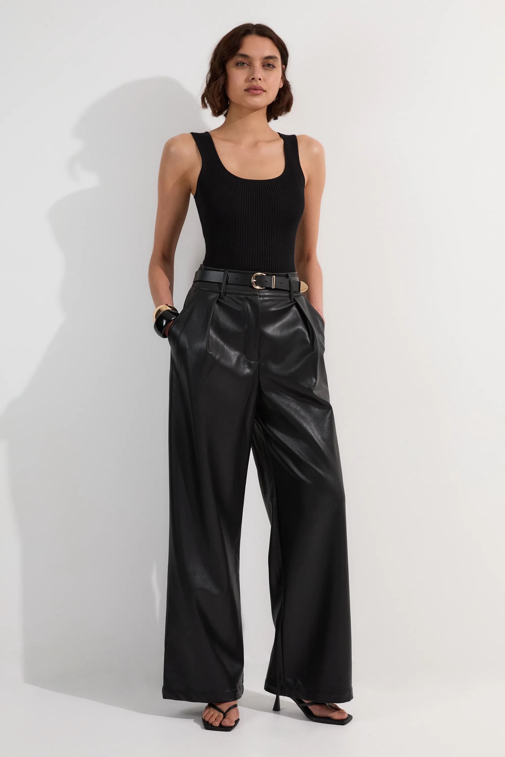 Faux Leather High Waisted Wide Leg Pants BKK24165