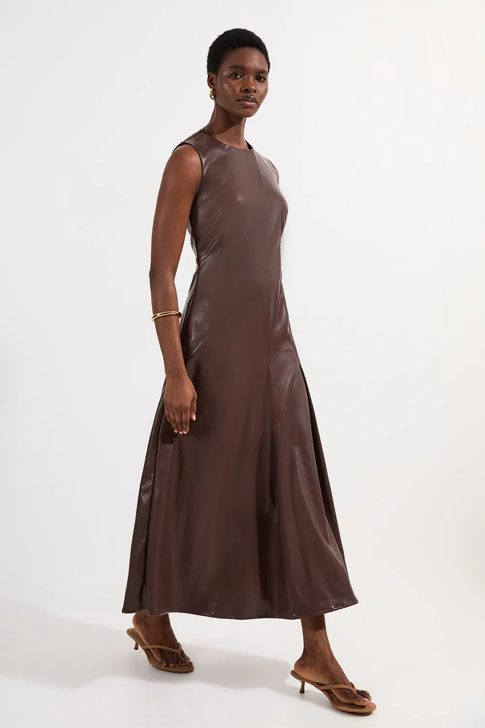 Faux Leather Seam Detail Full Midi Dress BKK24202