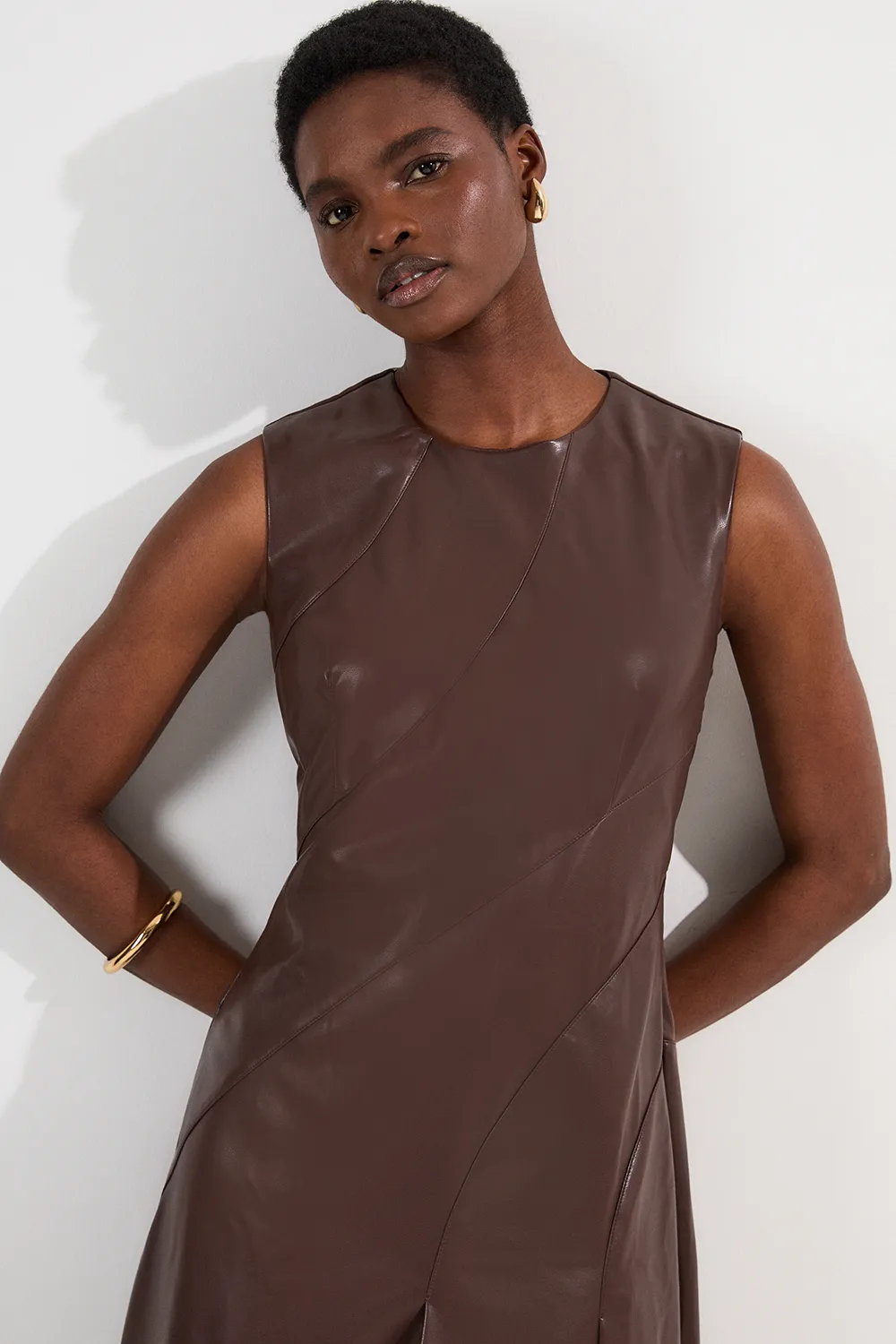 Faux Leather Seam Detail Full Midi Dress BKK24202