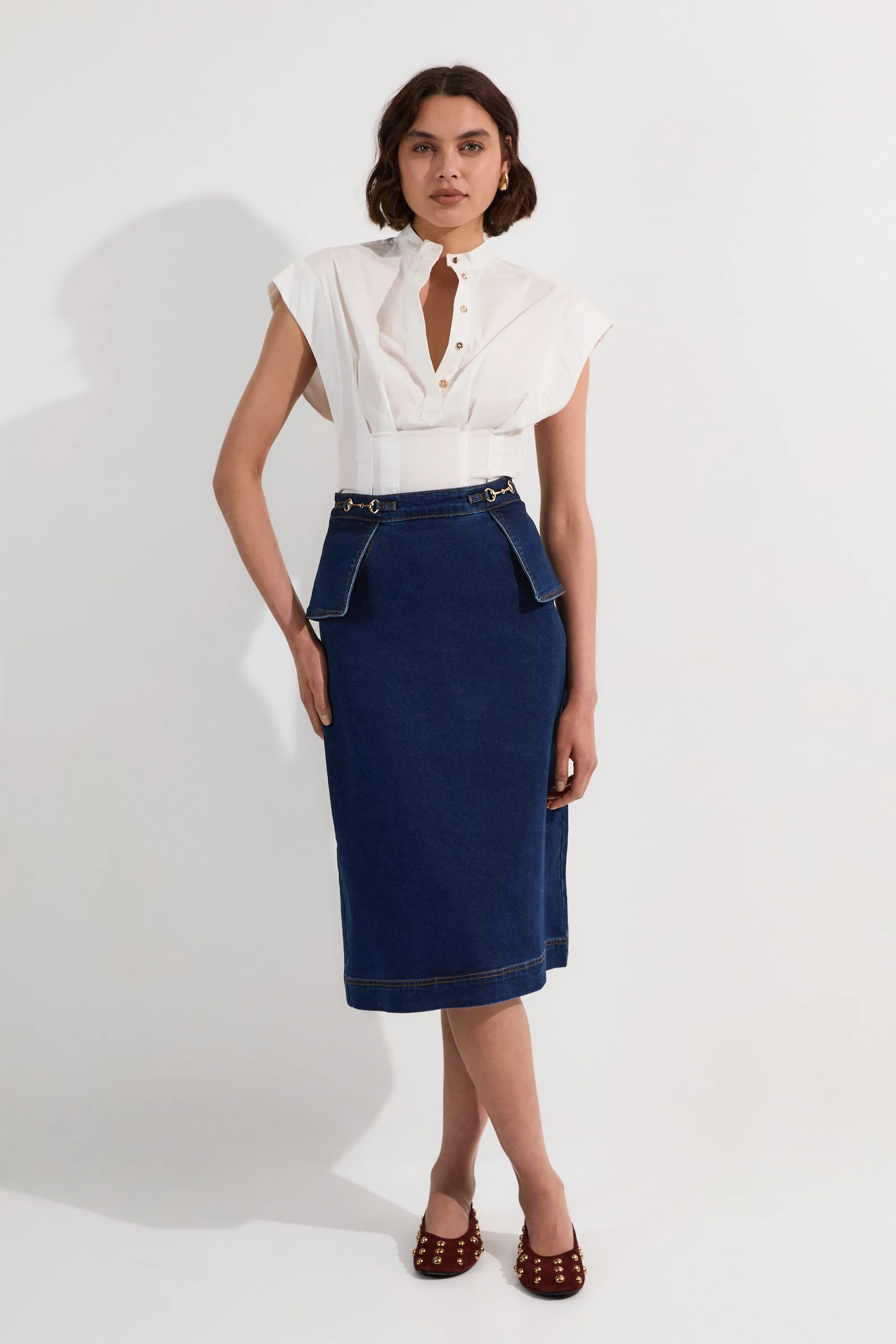 Stretch Denim Snaffle Trim Midi Skirt BKK24213