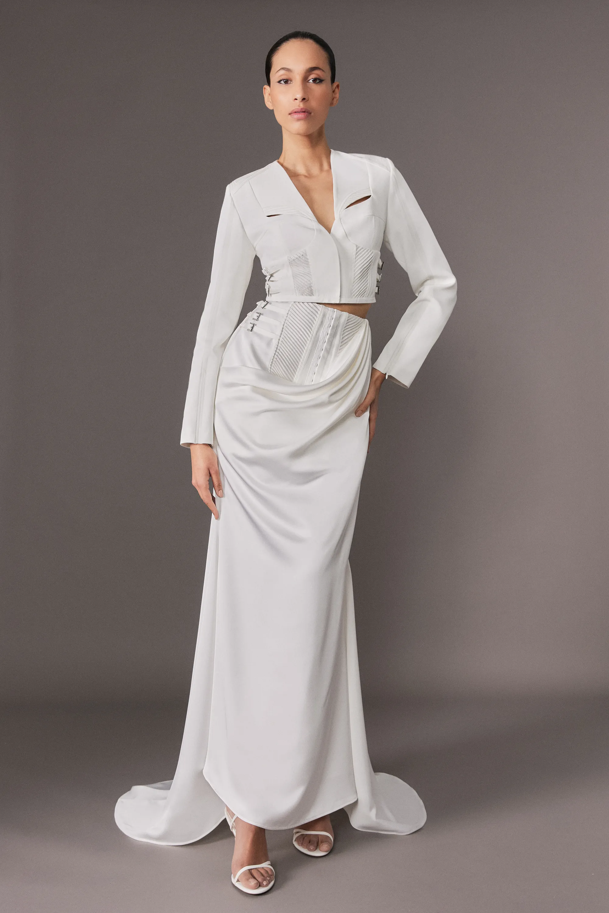 Archive Collection - Tailored Satin Drape Corset Detail Fishtail Maxi Skirt BKK24221