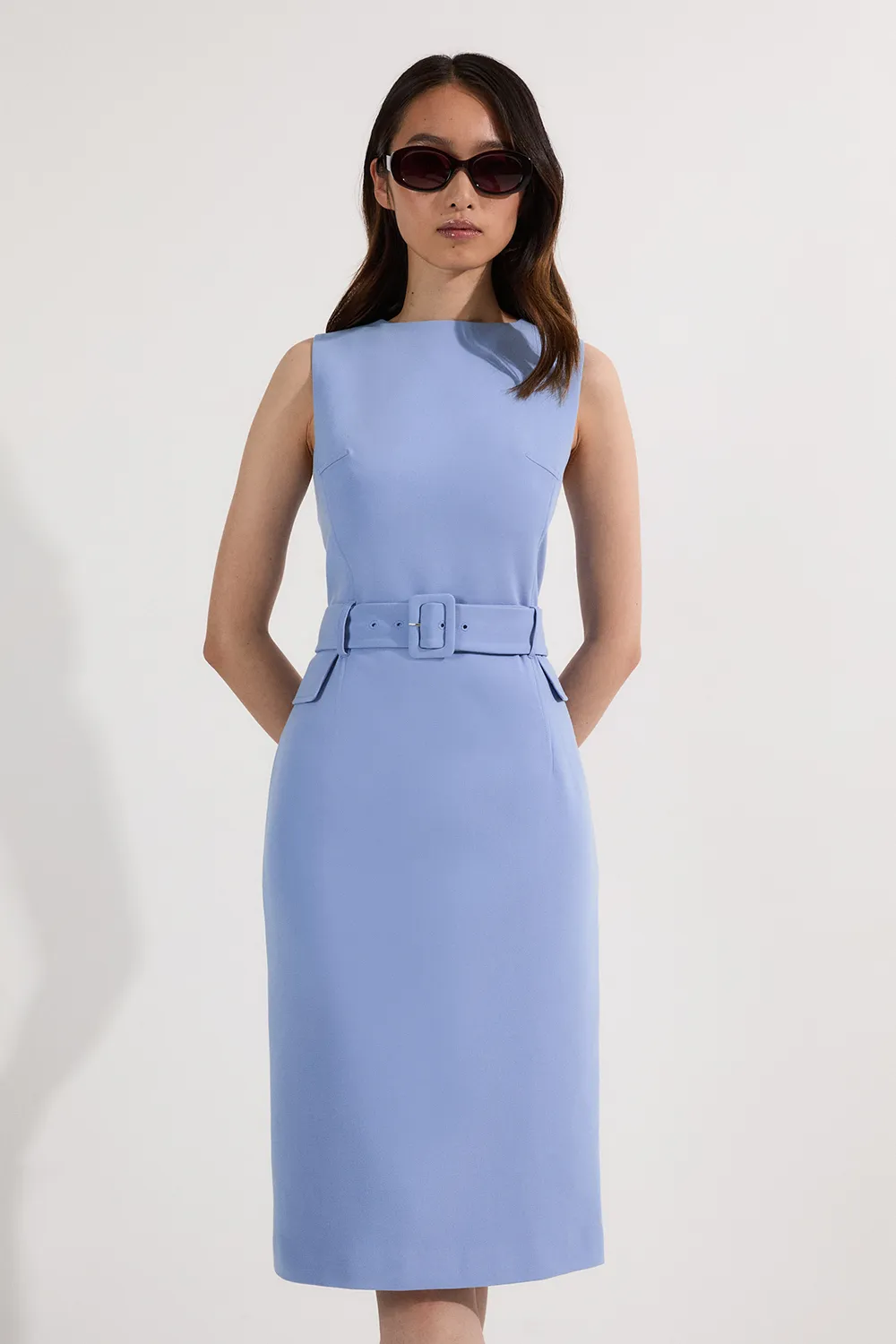 Petite Compact Essential Belted Tailored Midi Dress BKK24233