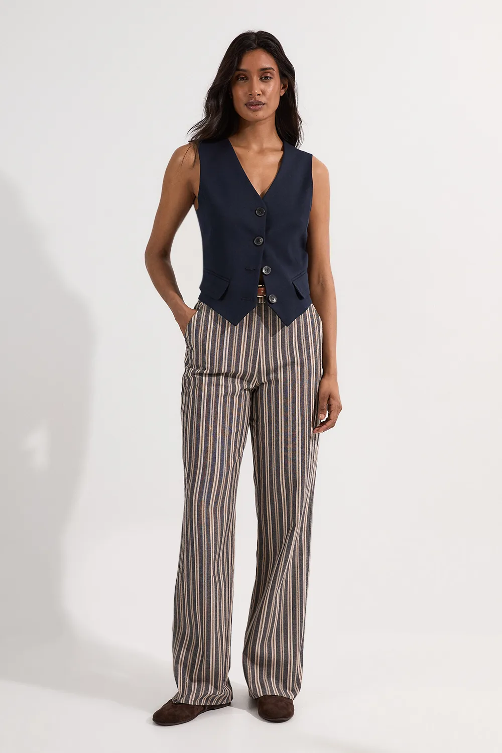 Linen Sparkle Stripe Tailored Wide Leg Dress Pants BKK24283
