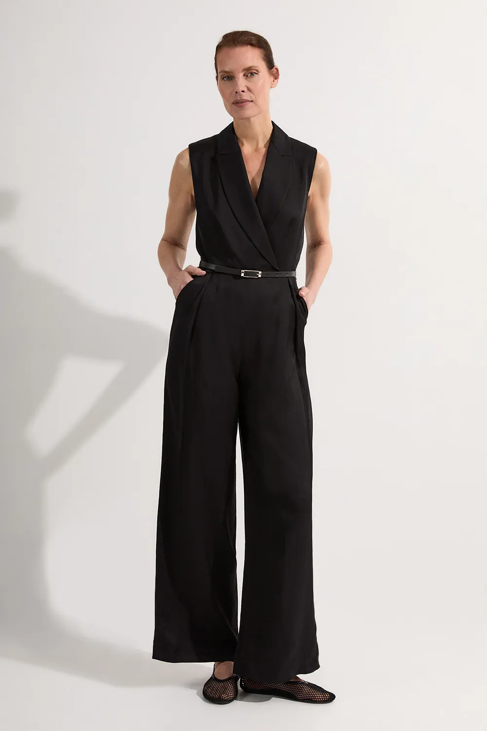 Premium Viscose Linen Tailored Belted Wide Leg Jumpsuit BKK24304
