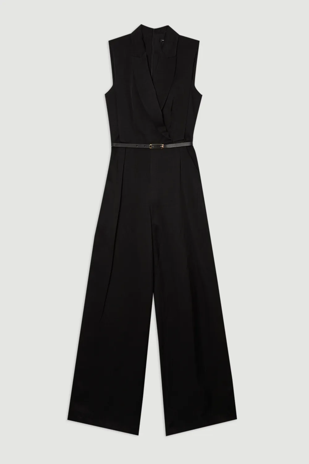 Premium Viscose Linen Tailored Belted Wide Leg Jumpsuit BKK24304