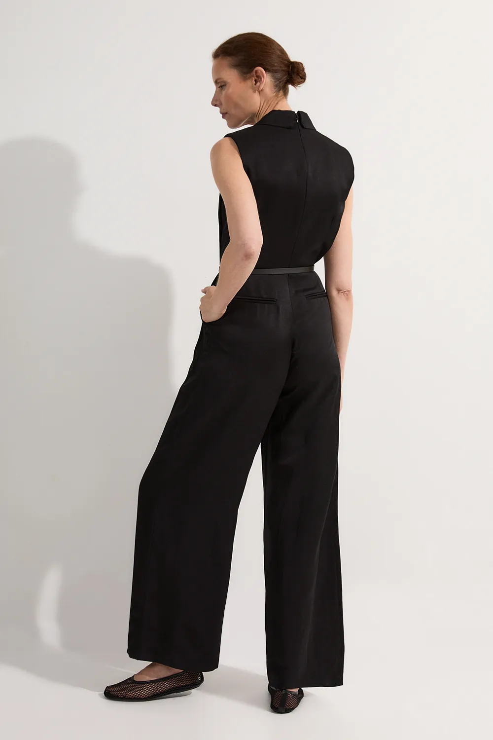 Premium Viscose Linen Tailored Belted Wide Leg Jumpsuit BKK24304