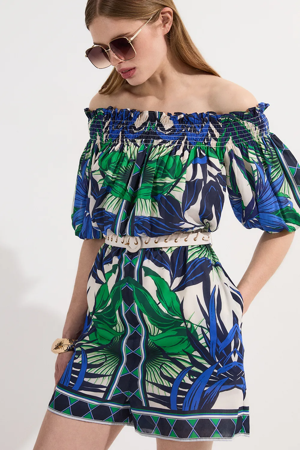 Voile Mirrored Floral Woven Off The Shoulder Romper BKK24343